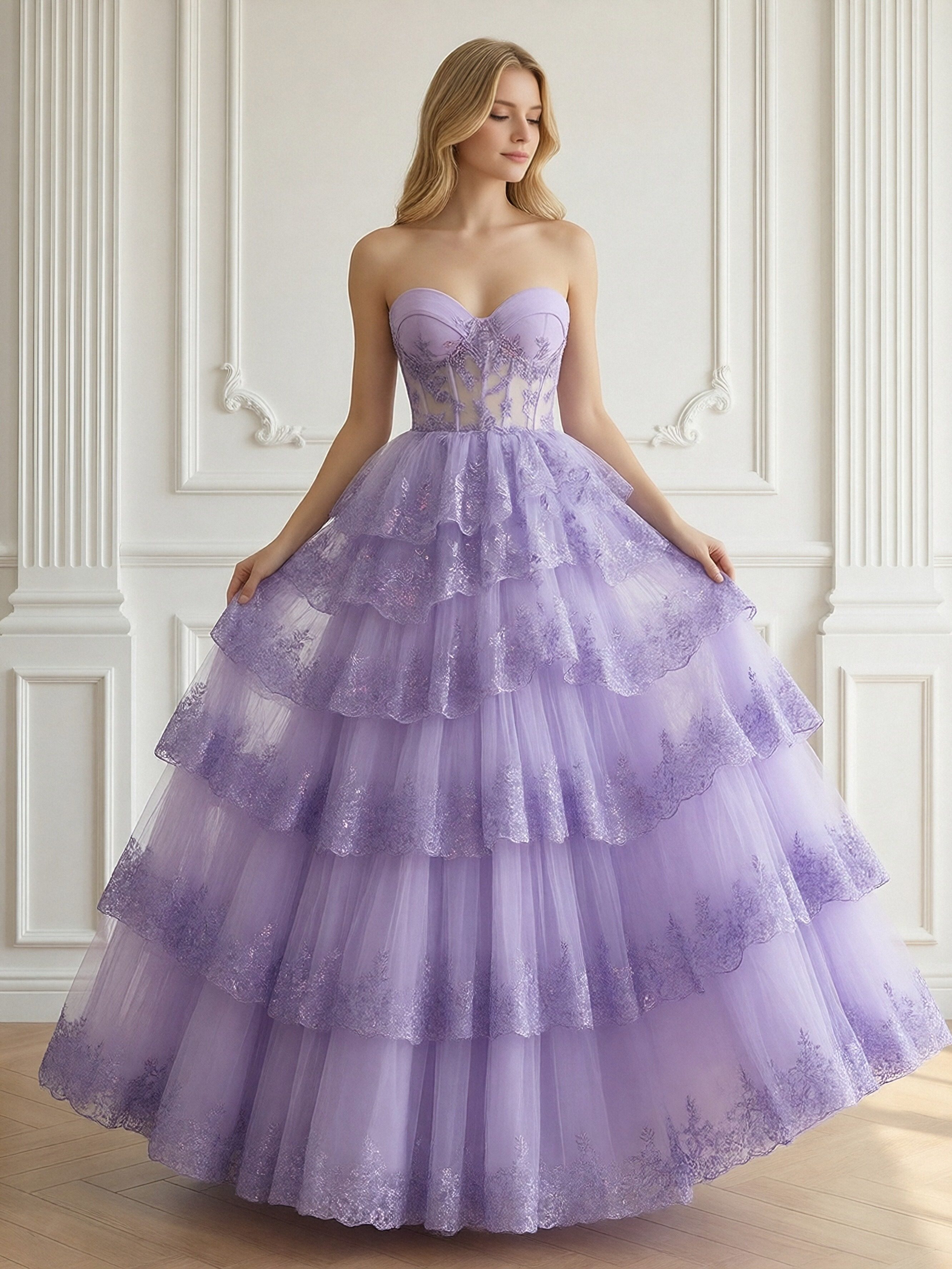 Lace Appliques Tiered Sweetheart Tulle Pleated A Line Prom Dresses