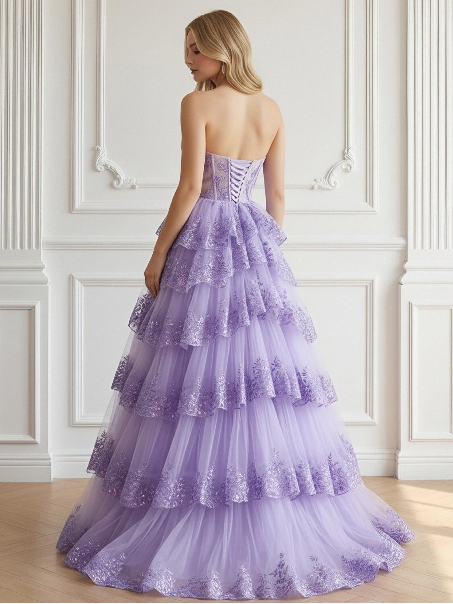 Lace Appliques Tiered Sweetheart Tulle Pleated A Line Prom Dresses