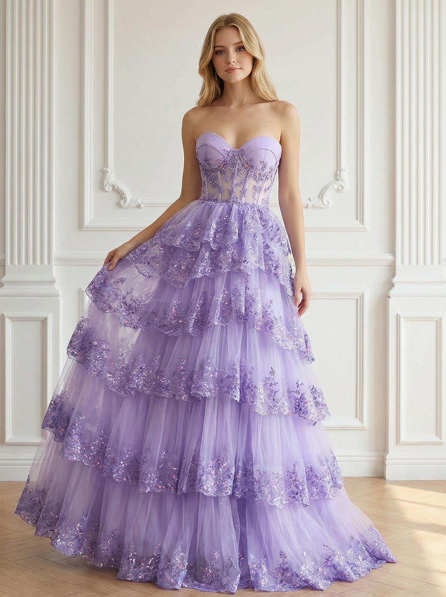 Lace Appliques Tiered Sweetheart Tulle Pleated A Line Prom Dresses