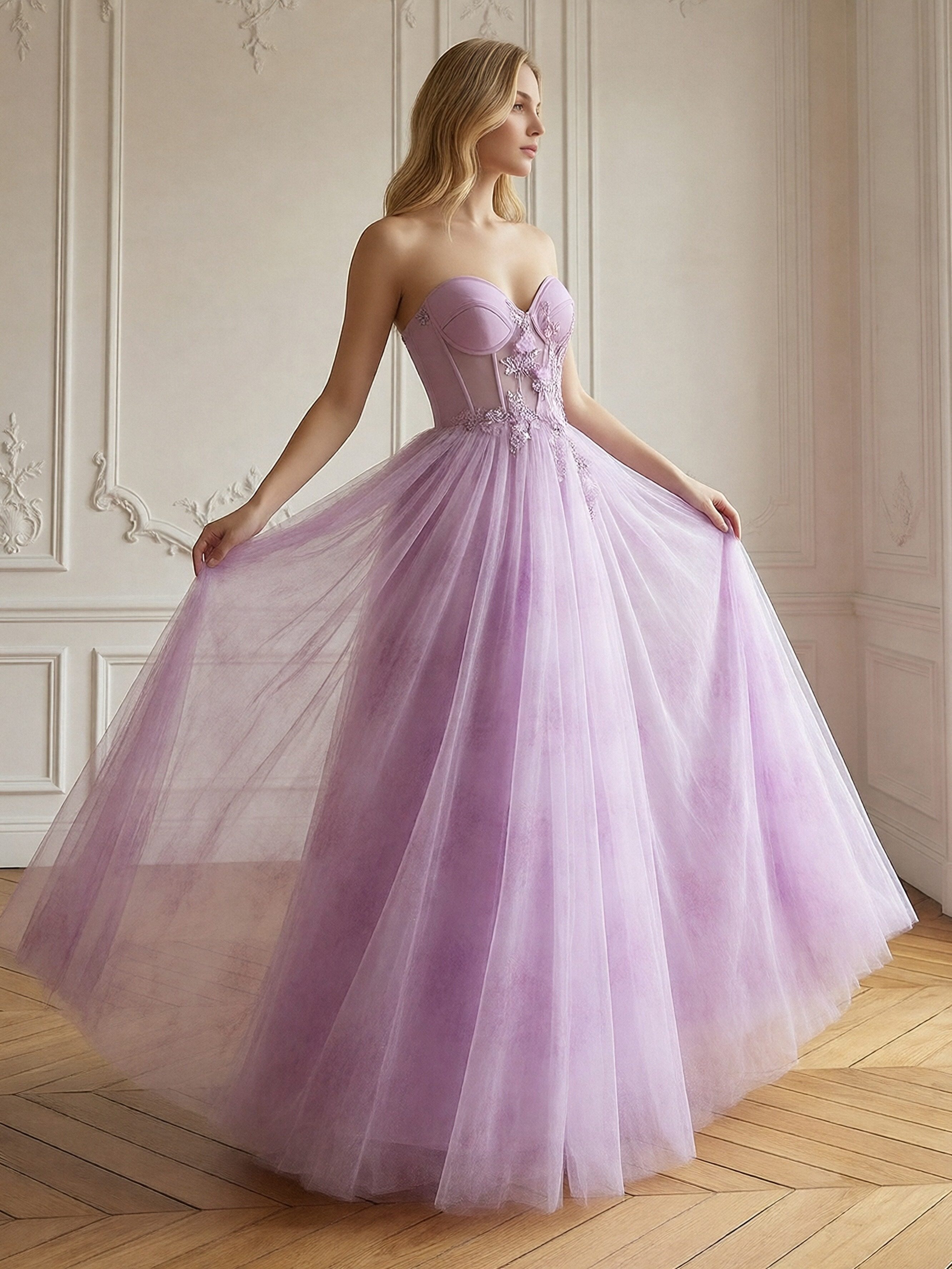 Lace Appliques Sweetheart Tulle Corset A Line Prom Dresses