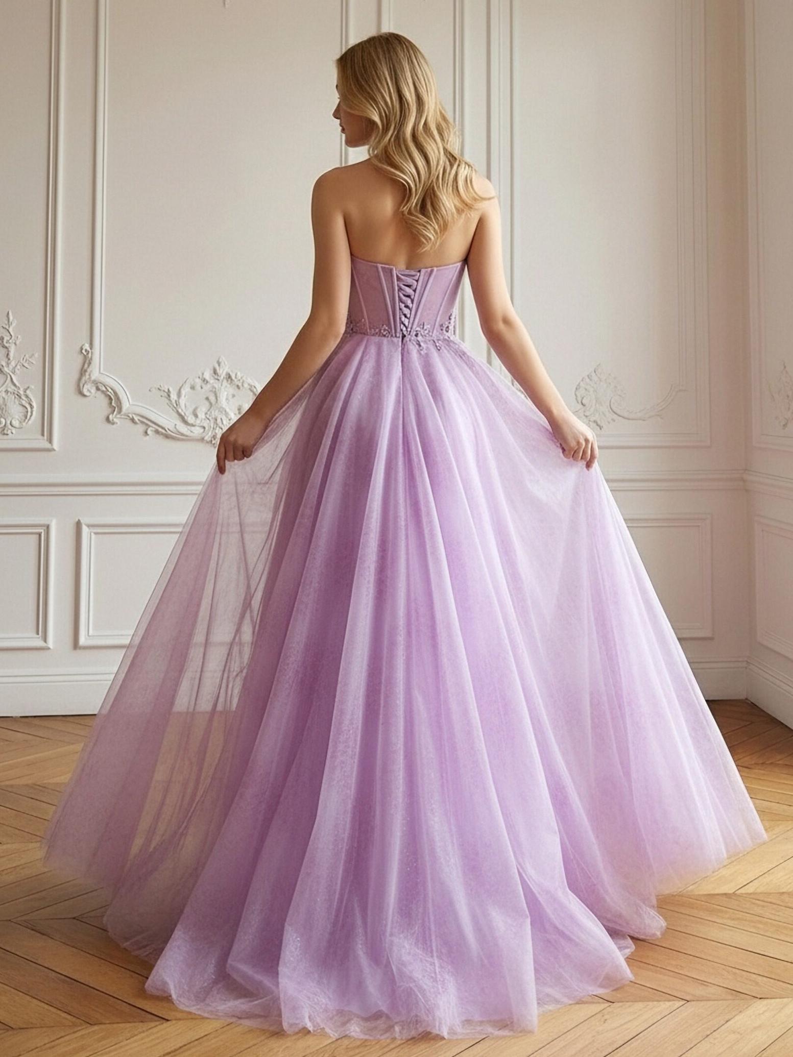 Lace Appliques Sweetheart Tulle Corset A Line Prom Dresses