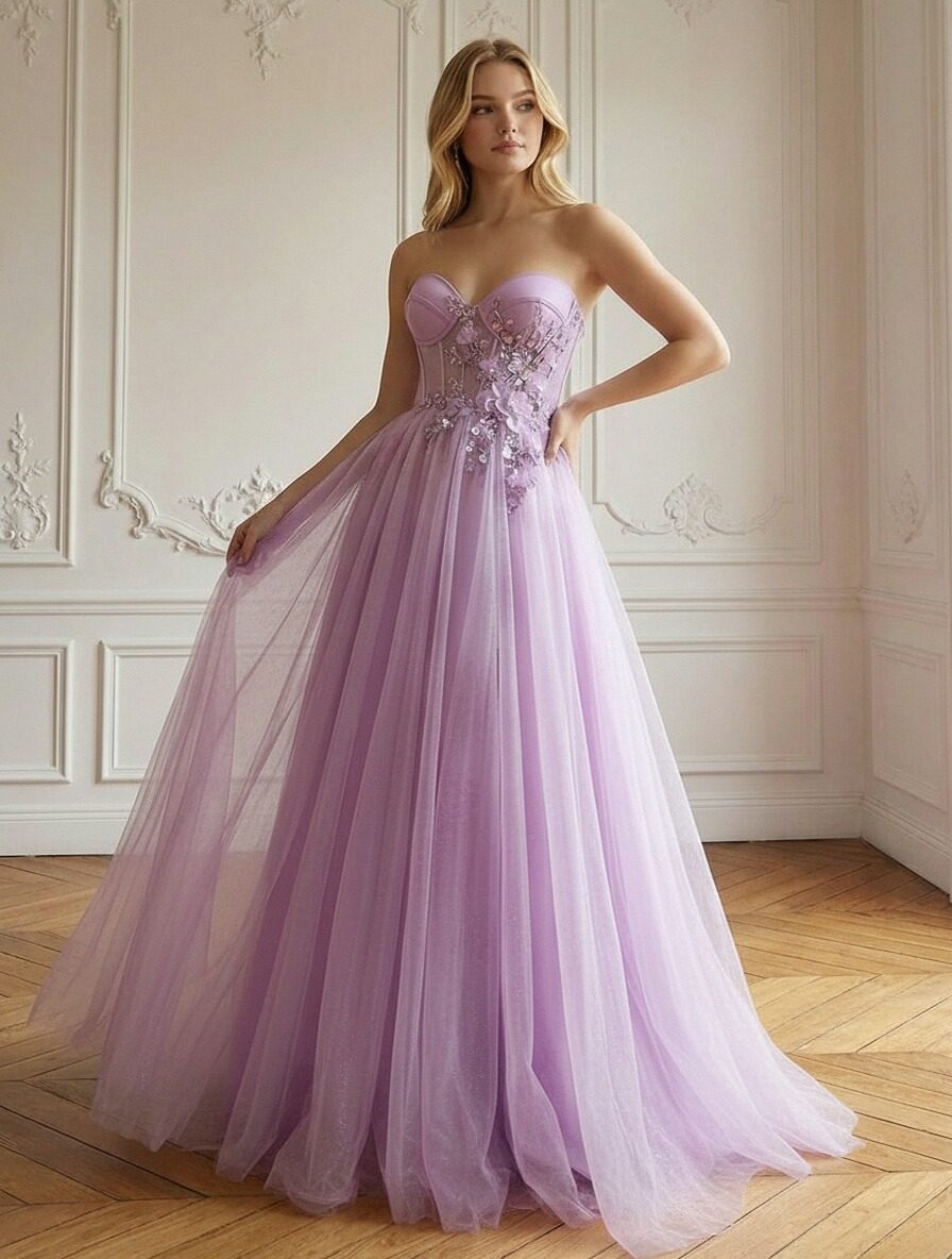 Lace Appliques Sweetheart Tulle Corset A Line Prom Dresses