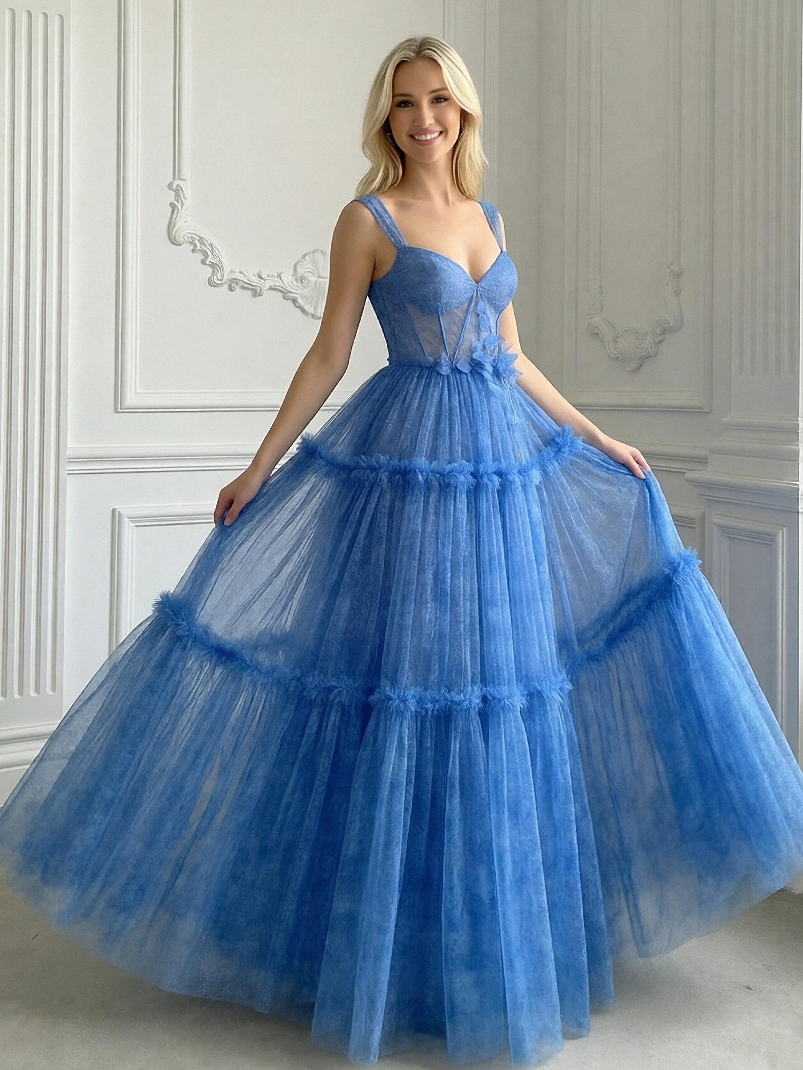 Spaghetti Straps Tiered Lace Appliques Sweetheart Tulle Corset A Line Prom Dresses