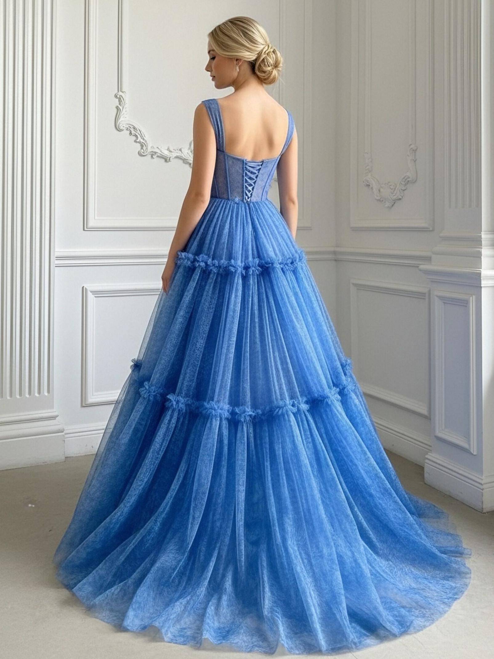 Spaghetti Straps Tiered Lace Appliques Sweetheart Tulle Corset A Line Prom Dresses