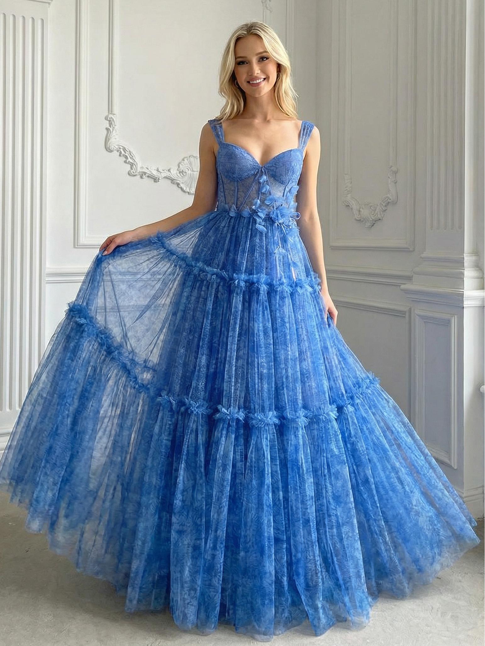 Spaghetti Straps Tiered Lace Appliques Sweetheart Tulle Corset A Line Prom Dresses