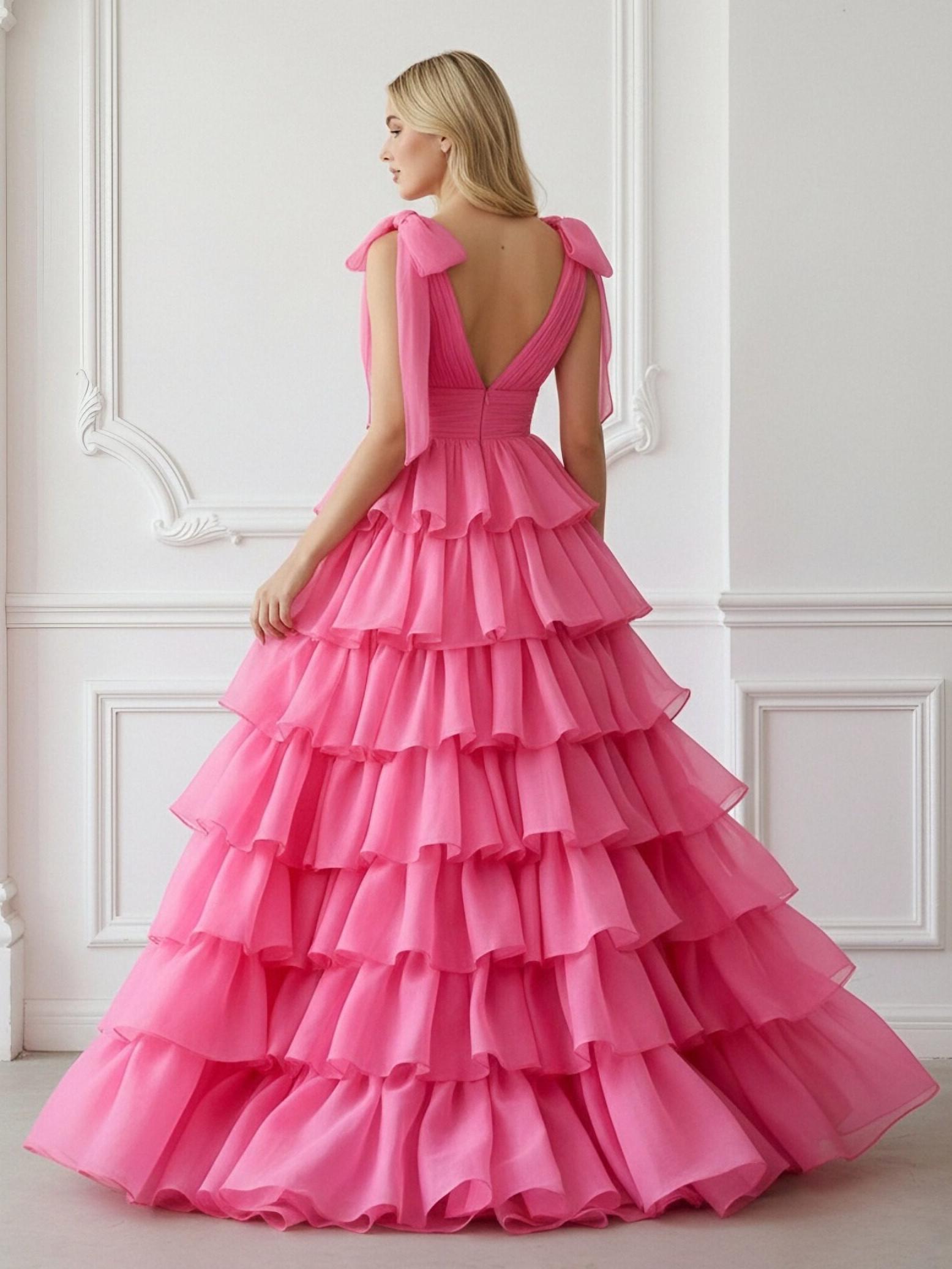 Bow Spaghetti Straps Tiered V Neck Tulle Corset A Line Prom Dresses