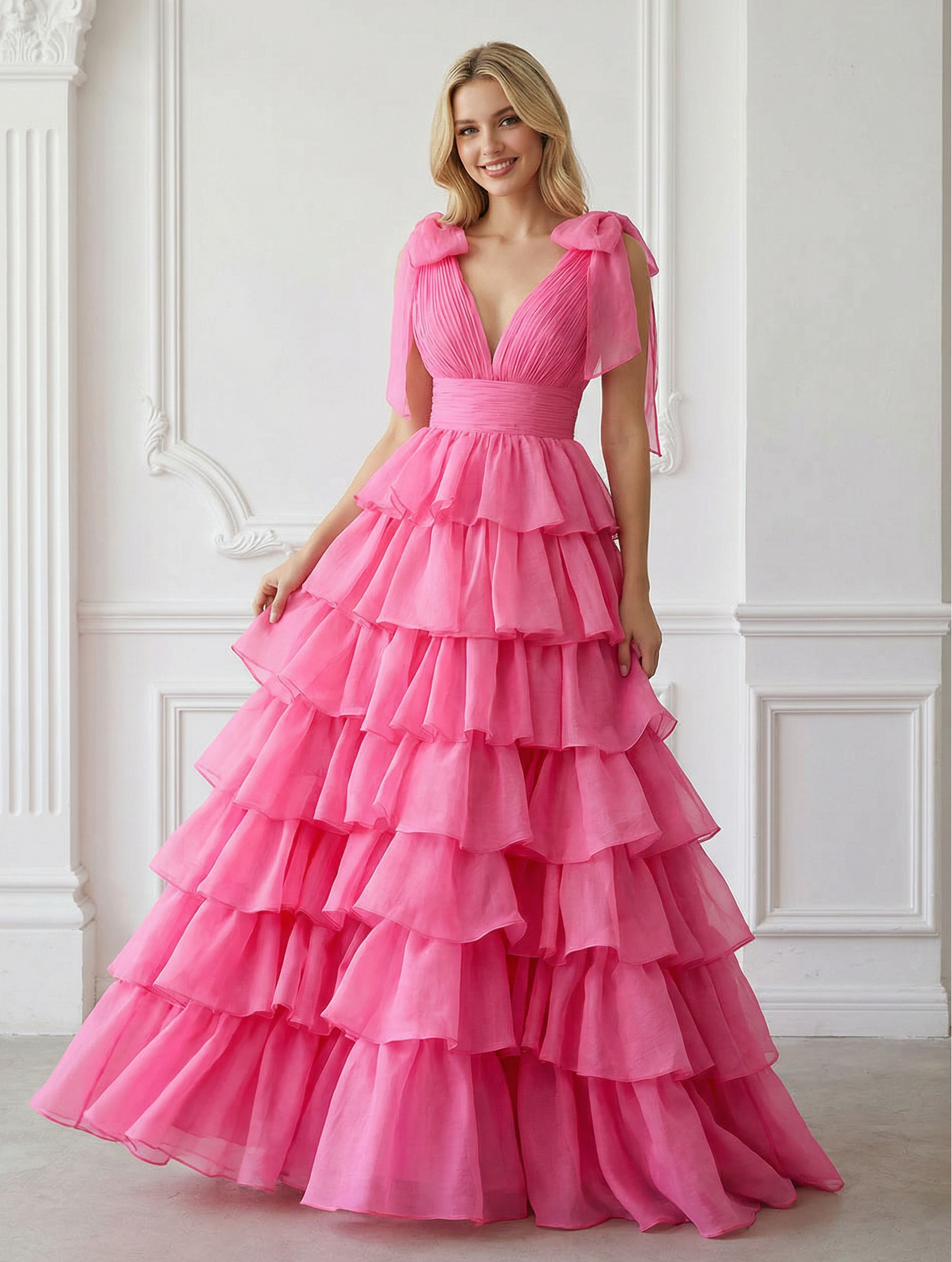 Bow Spaghetti Straps Tiered V Neck Tulle Corset A Line Prom Dresses