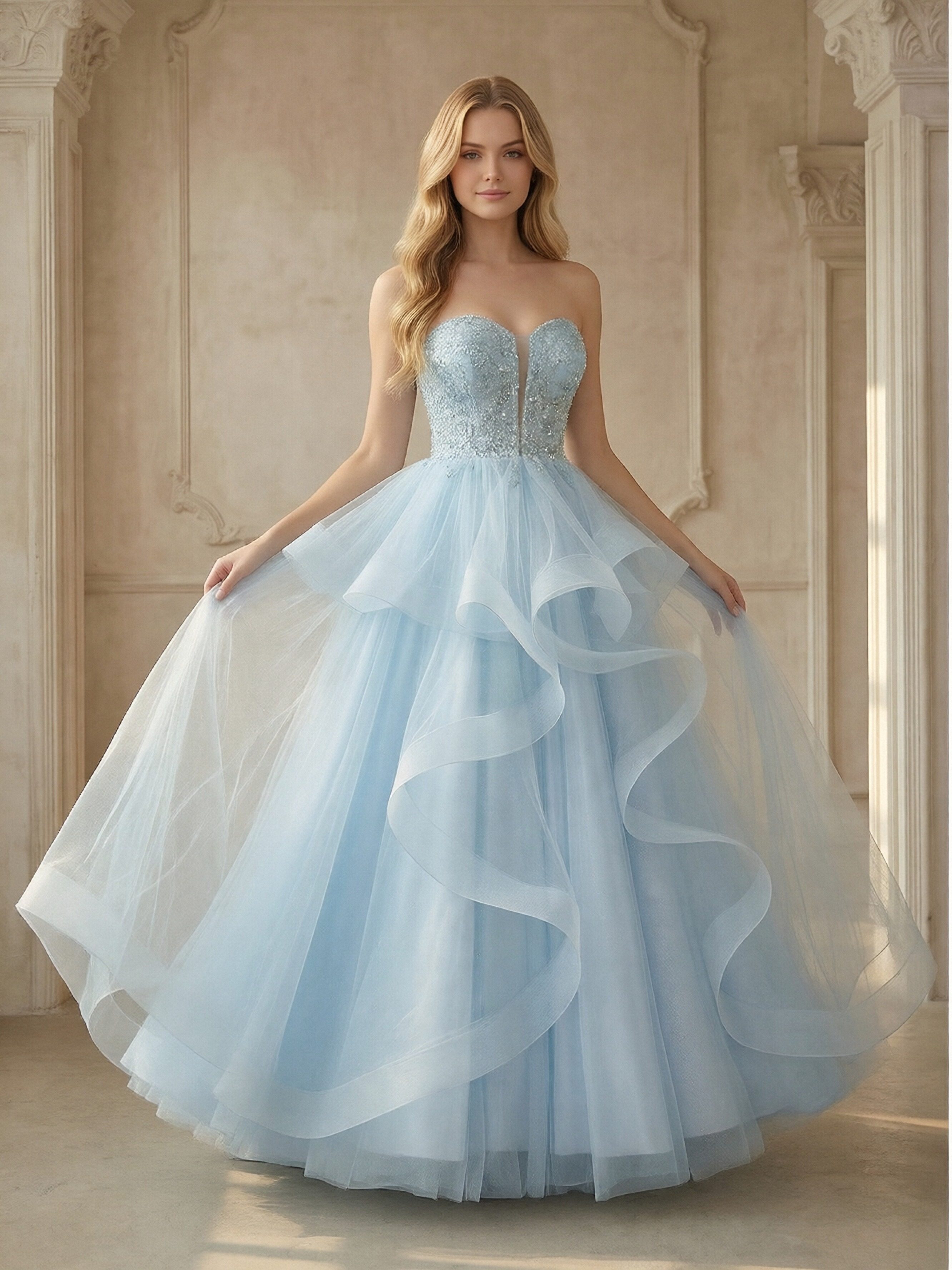 Ruffles Lace Appliques Sweetheart Tulle Corset A Line Prom Dresses