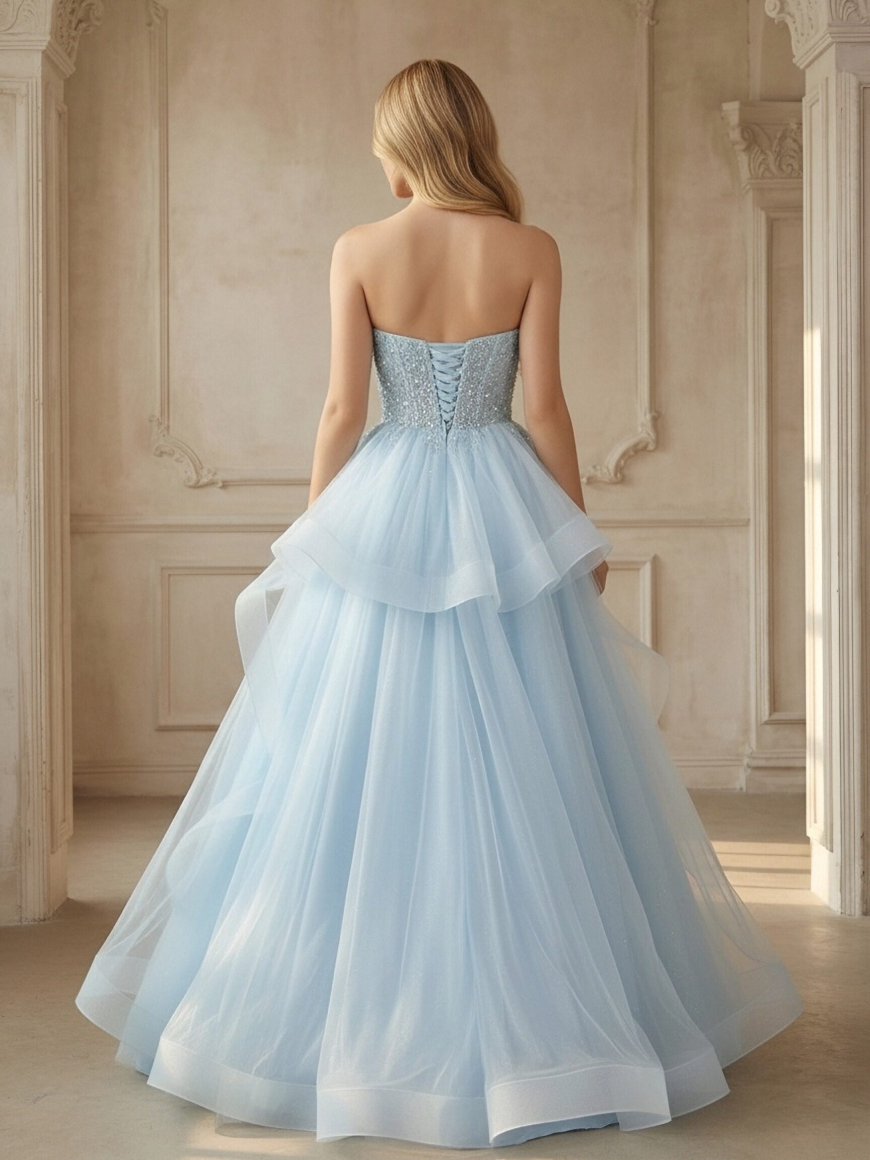 Ruffles Lace Appliques Sweetheart Tulle Corset A Line Prom Dresses