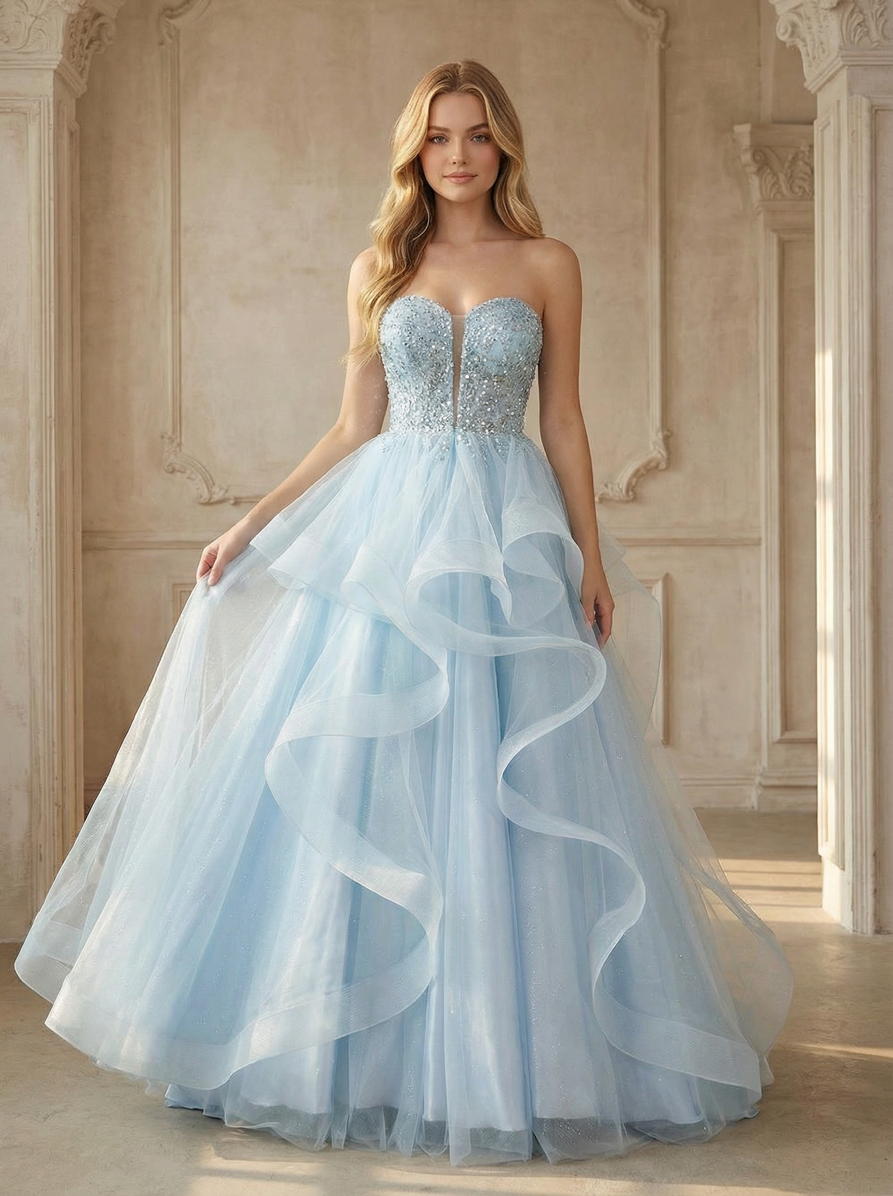 Ruffles Lace Appliques Sweetheart Tulle Corset A Line Prom Dresses