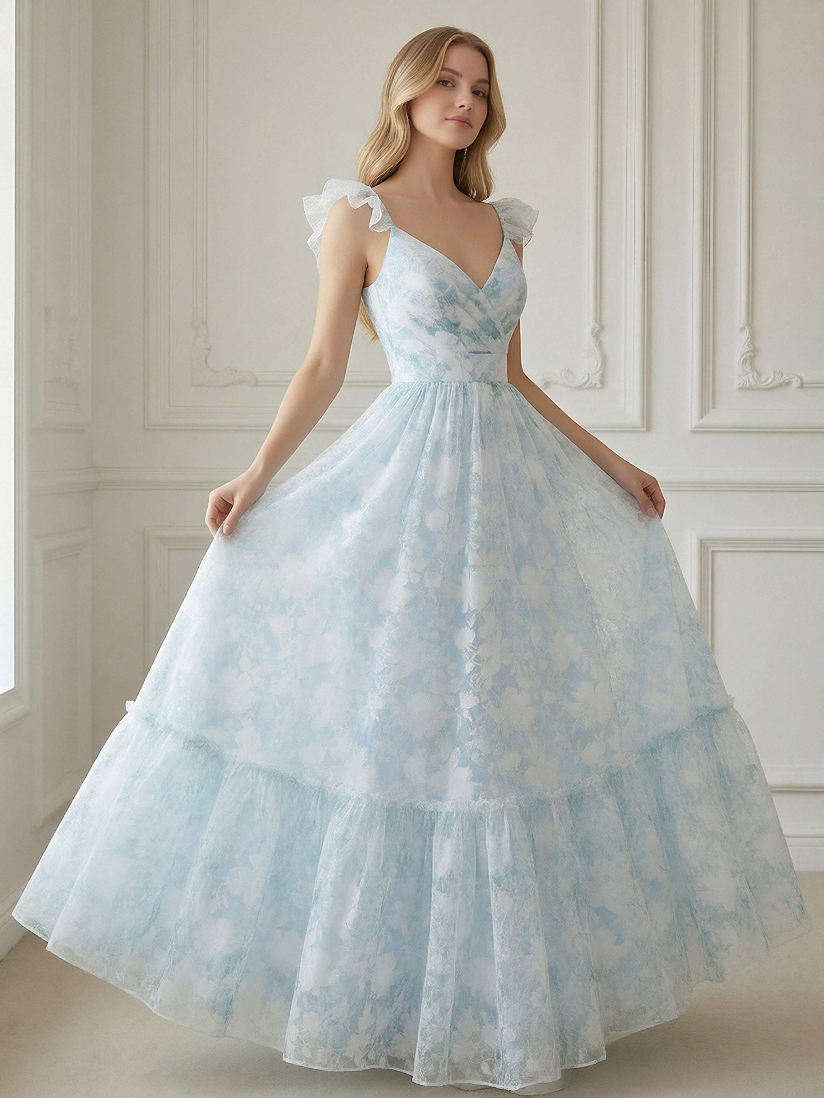 Spaghetti Straps Lace Appliques V Neck Floral Print Corset A Line Prom Dresses