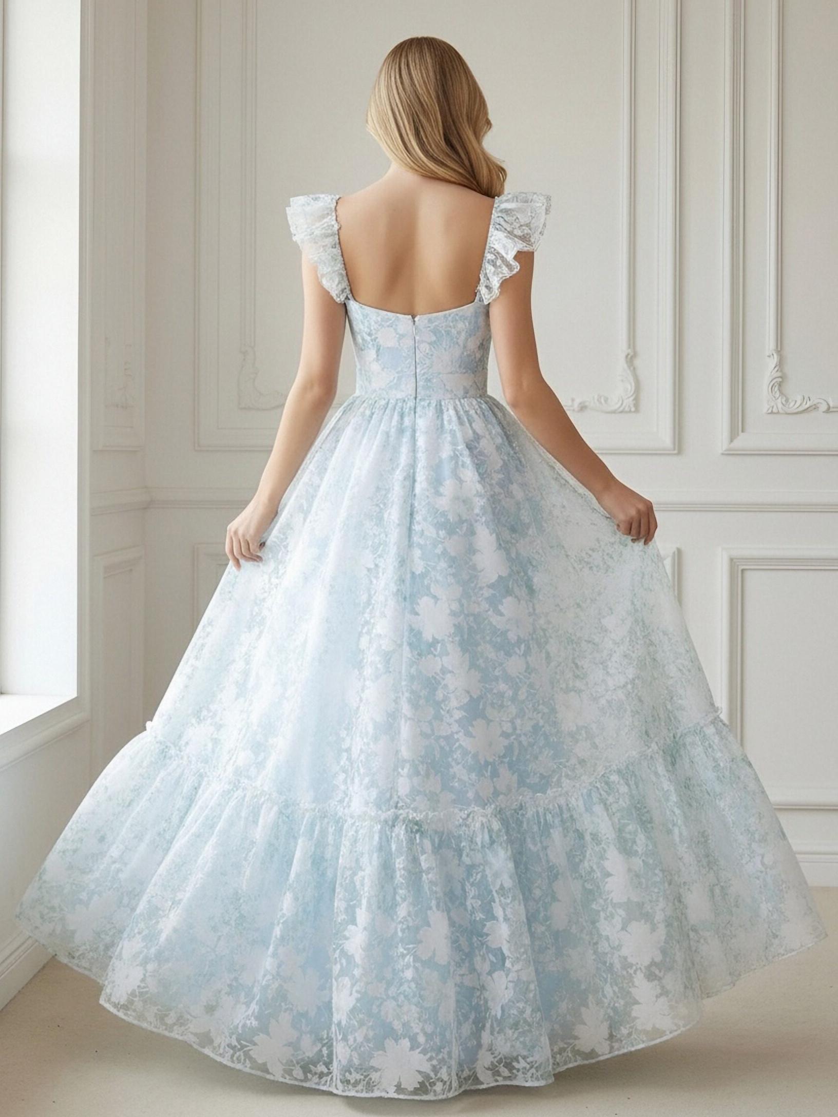 Spaghetti Straps Lace Appliques V Neck Floral Print Corset A Line Prom Dresses