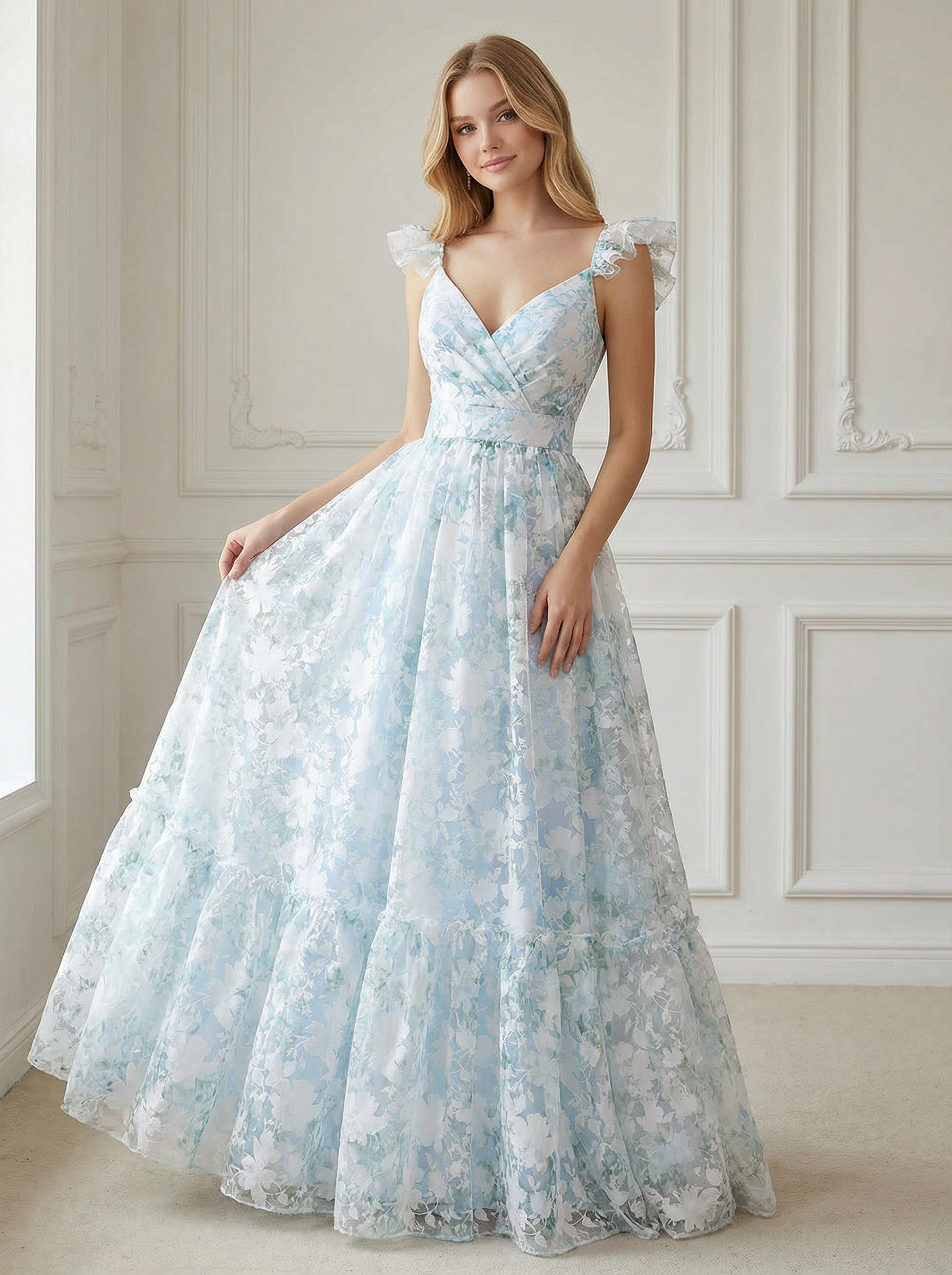 Spaghetti Straps Lace Appliques V Neck Floral Print Corset A Line Prom Dresses