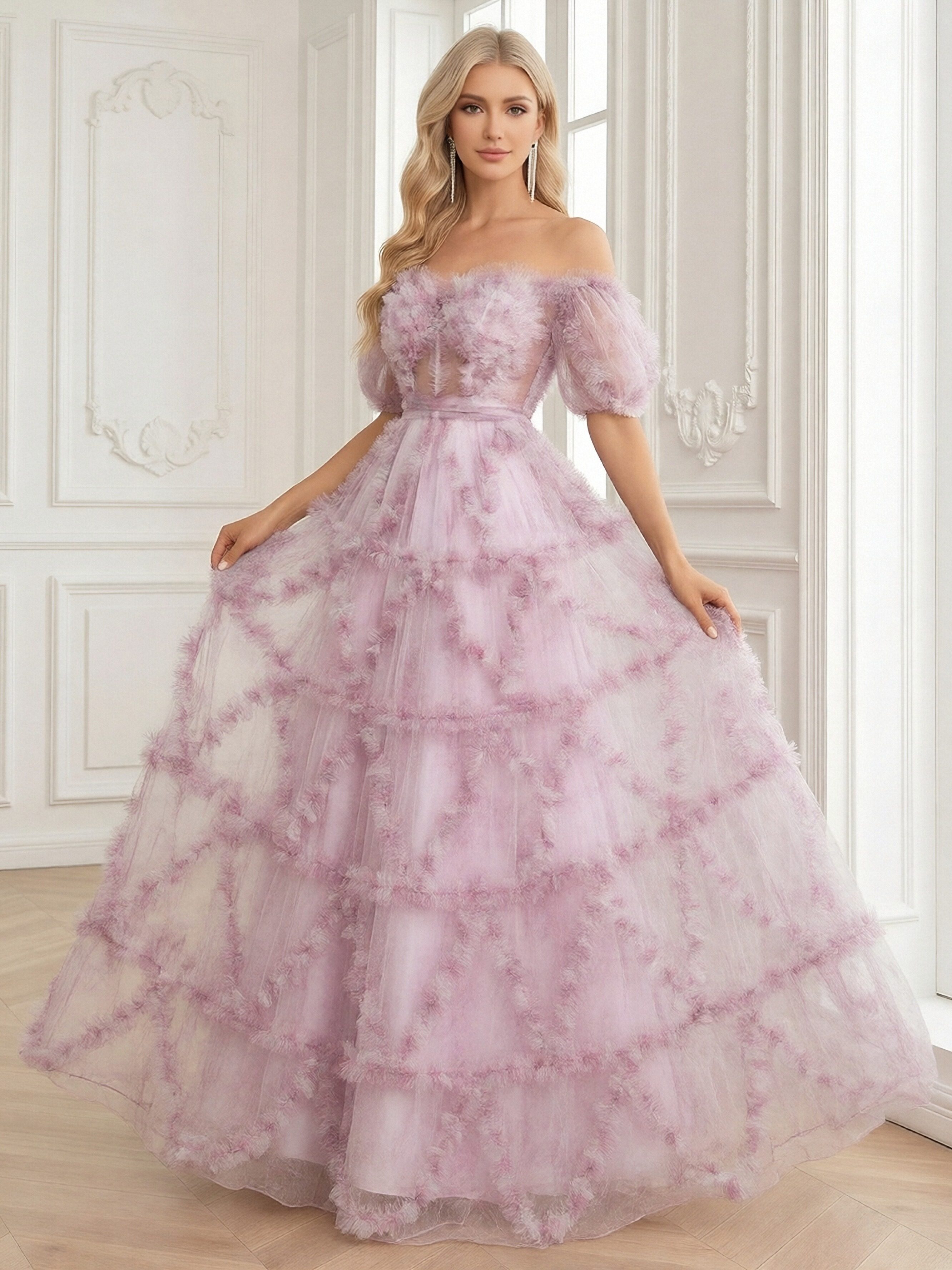 Tiered Lace Appliques Strapless Tulle Tiered A Line Prom Dresses