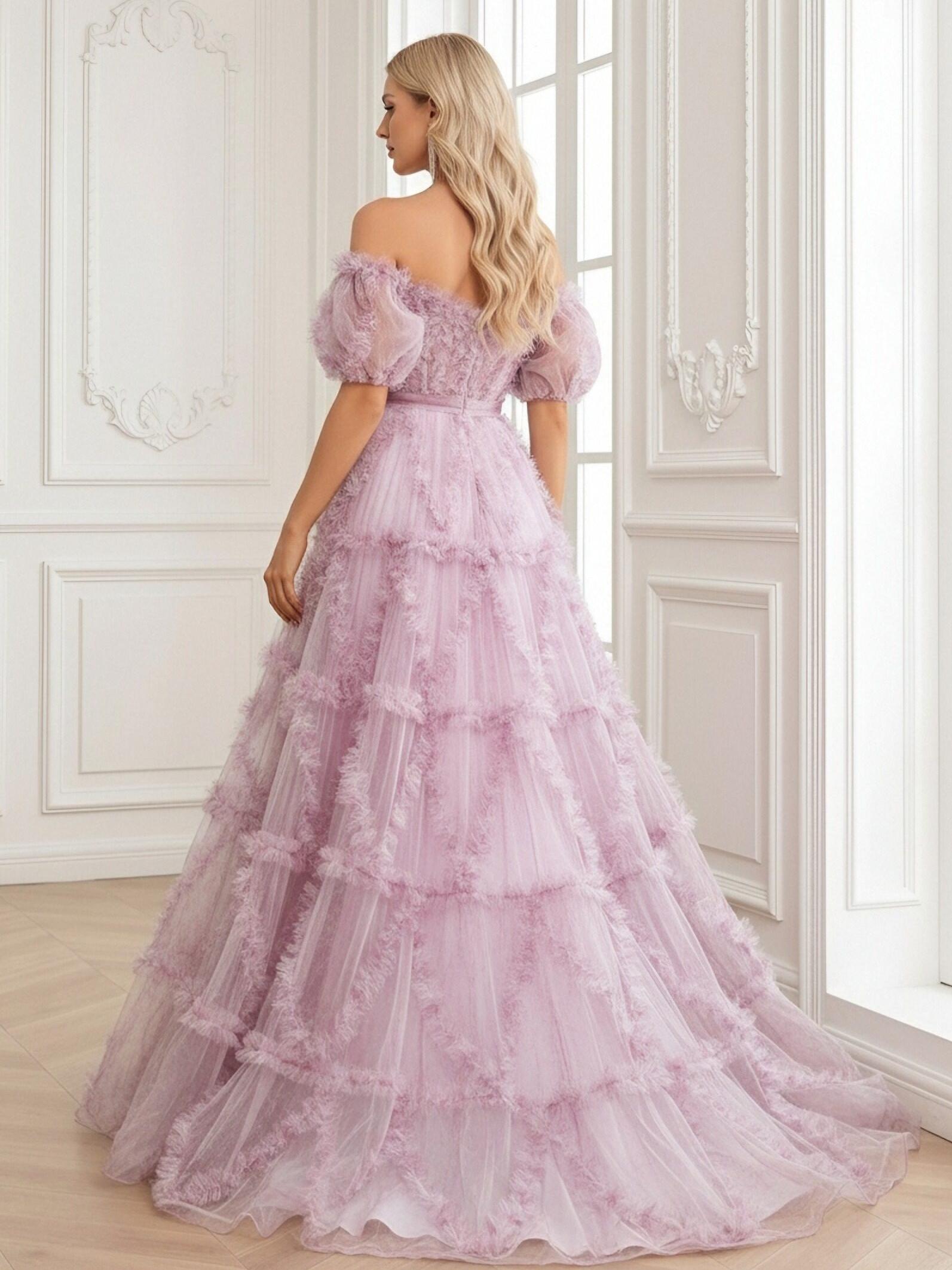 Tiered Lace Appliques Strapless Tulle Tiered A Line Prom Dresses