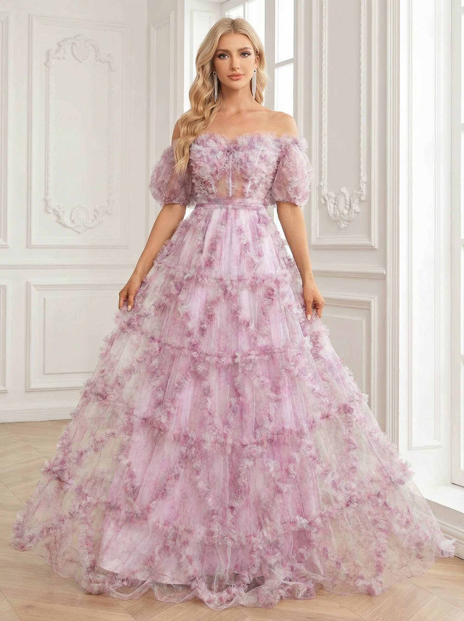 Tiered Lace Appliques Strapless Tulle Tiered A Line Prom Dresses