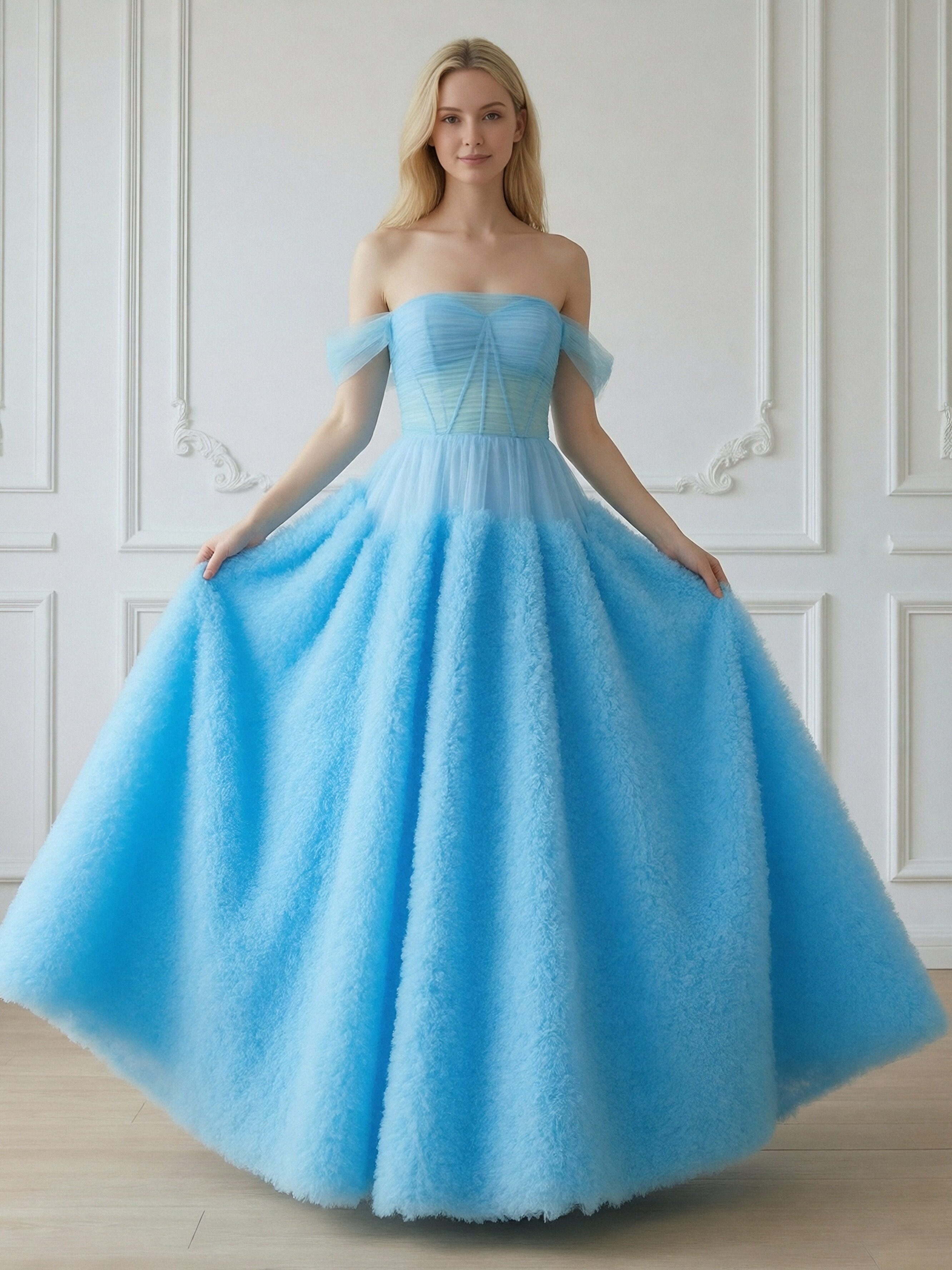 Strapless Off the Shoulder Tulle A Line Prom Dresses