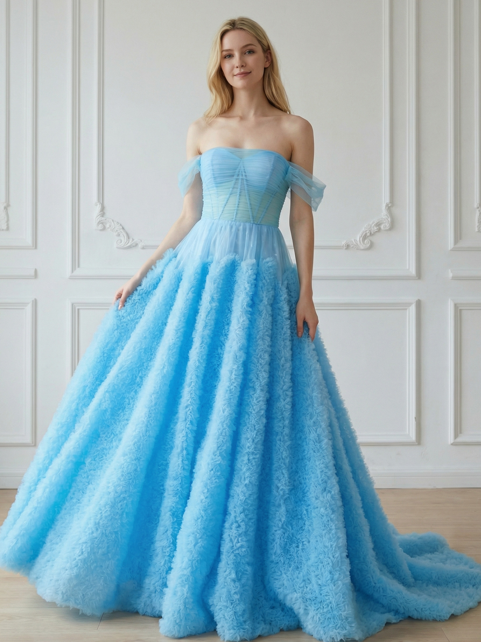 Strapless Off the Shoulder Tulle A Line Prom Dresses