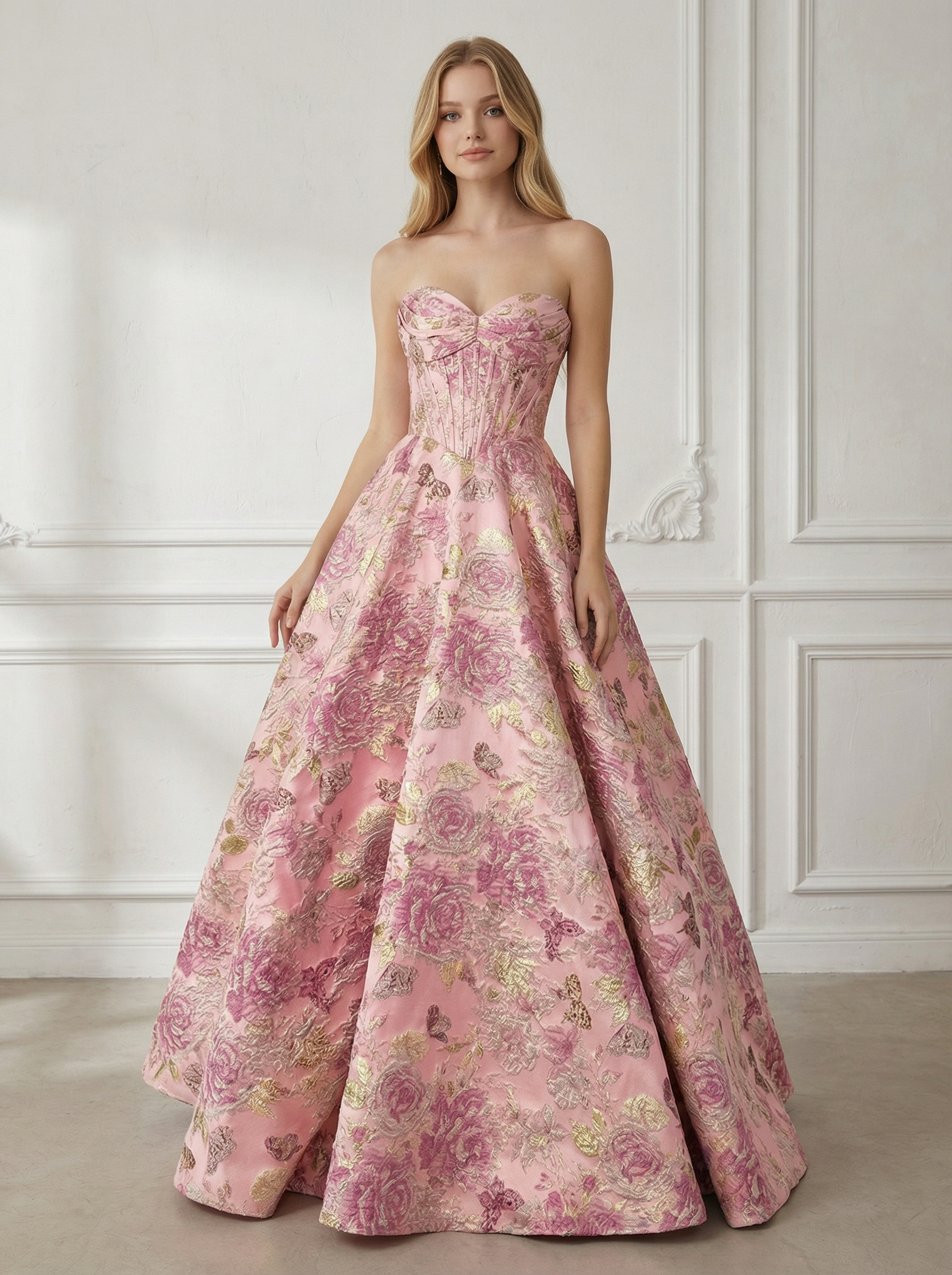 Strapless Floral Print Corset Sleeveless A Line Prom Dresses