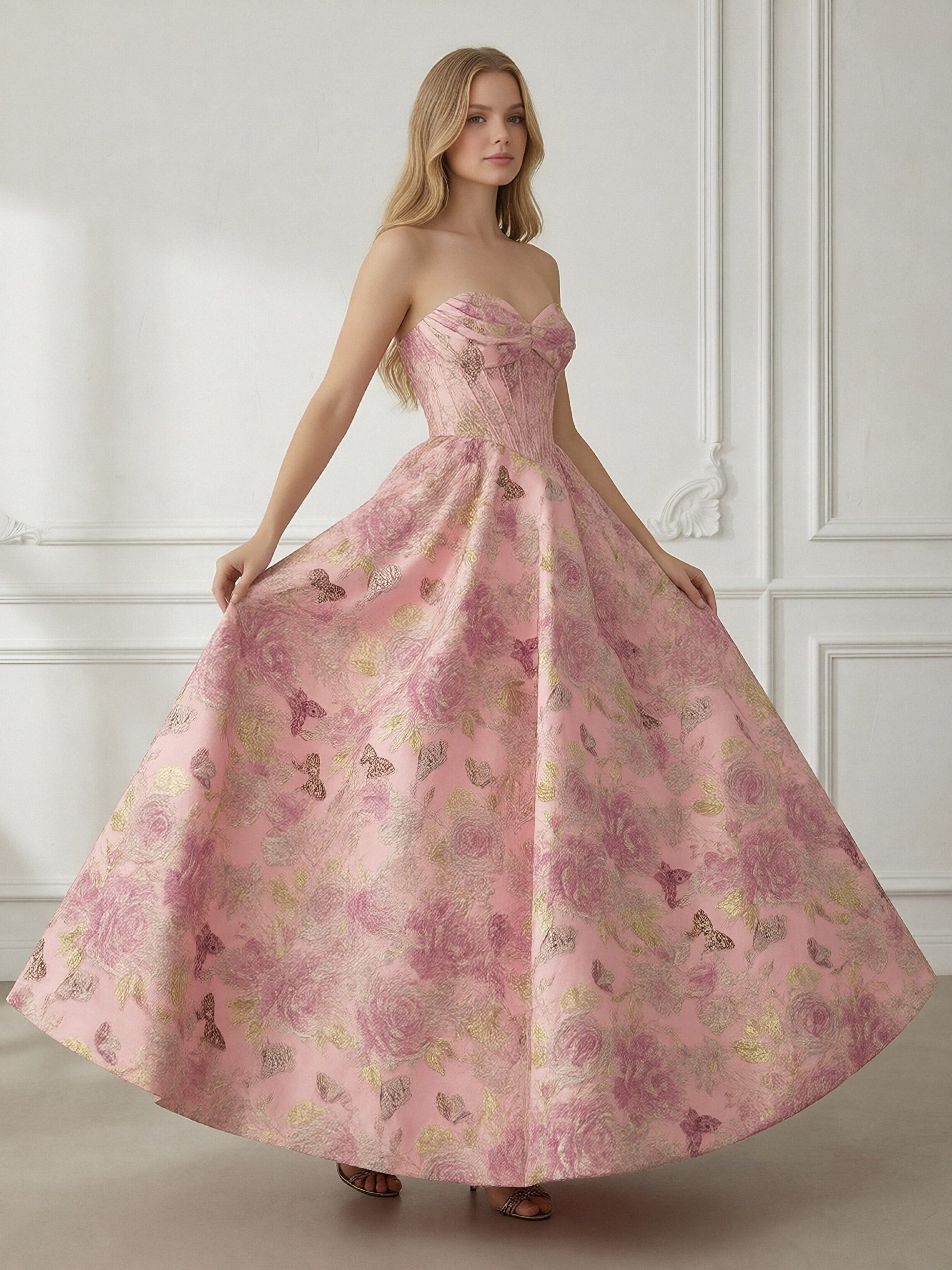 Strapless Floral Print Corset Sleeveless A Line Prom Dresses