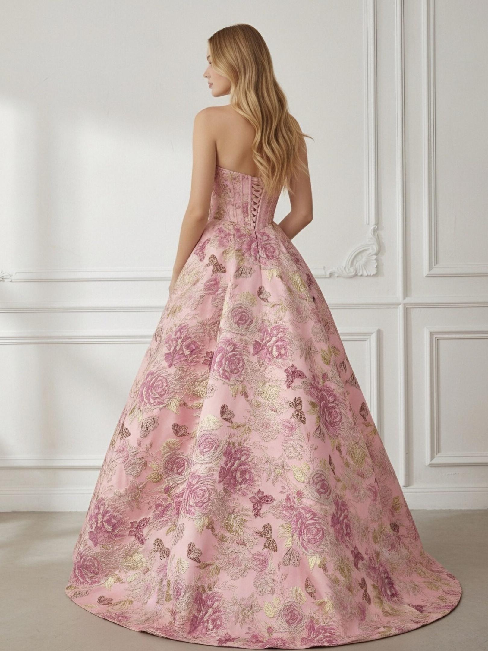 Strapless Floral Print Corset Sleeveless A Line Prom Dresses