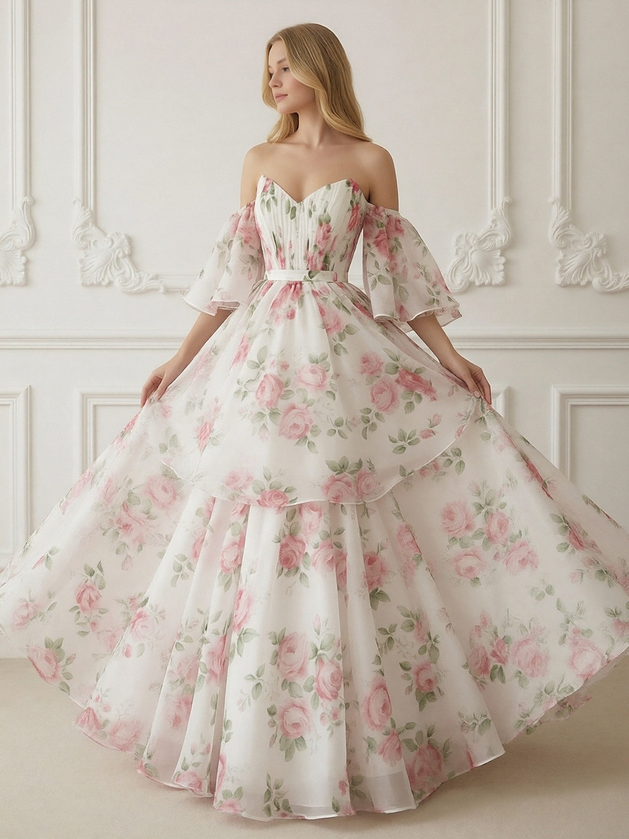 Off the Shoulder Short Sleeves Sweetheart Floral Print A Line Prom Dresses