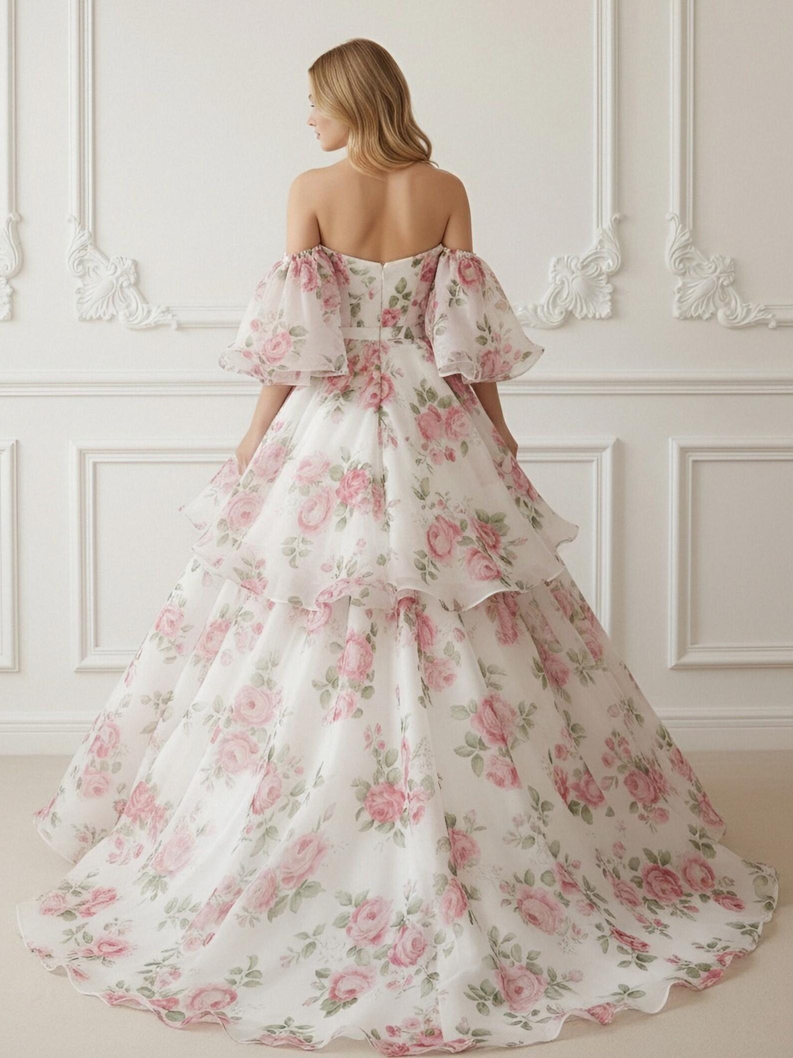 Off the Shoulder Short Sleeves Sweetheart Floral Print A Line Prom Dresses