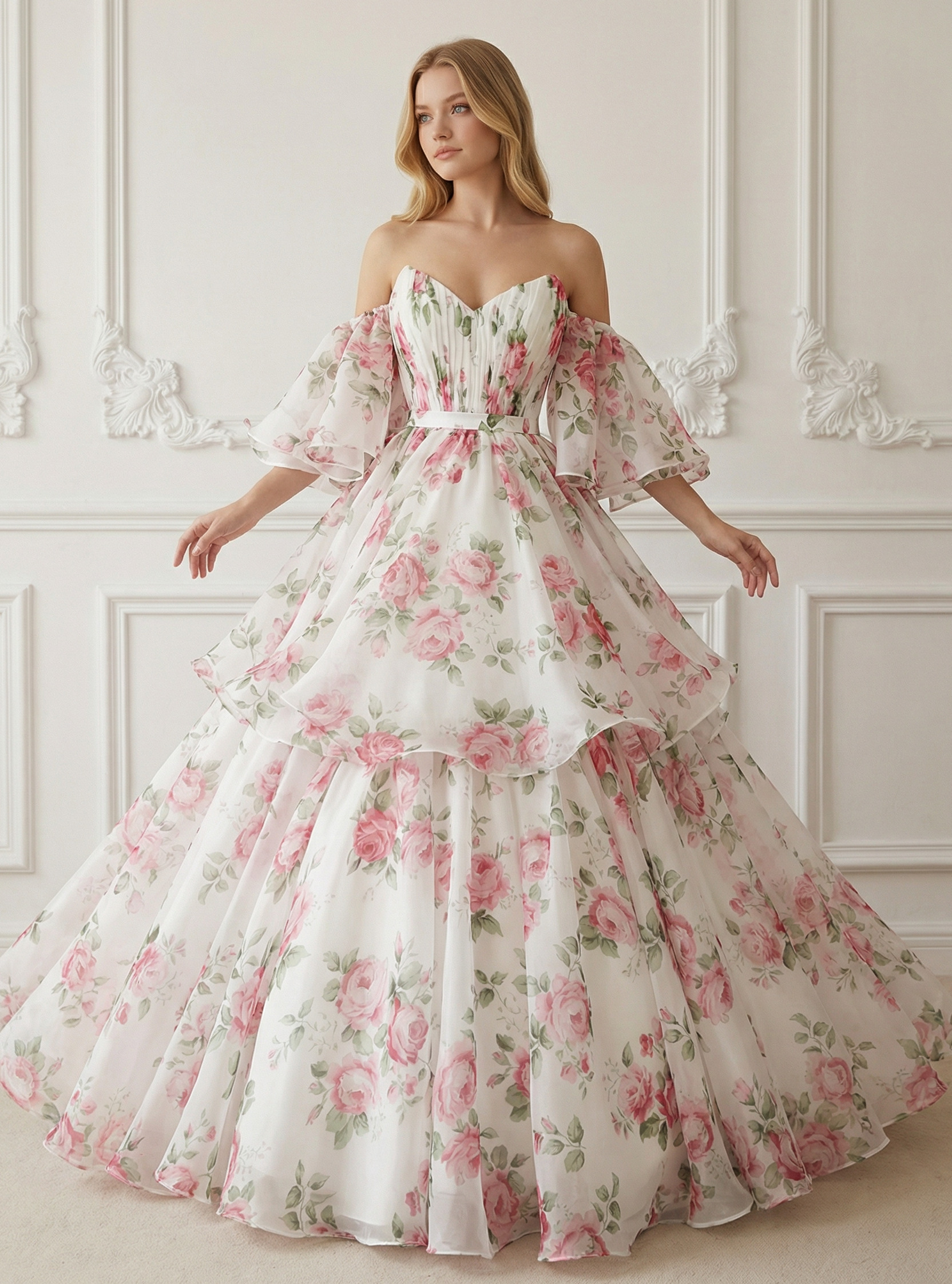 Off the Shoulder Short Sleeves Sweetheart Floral Print A Line Prom Dresses