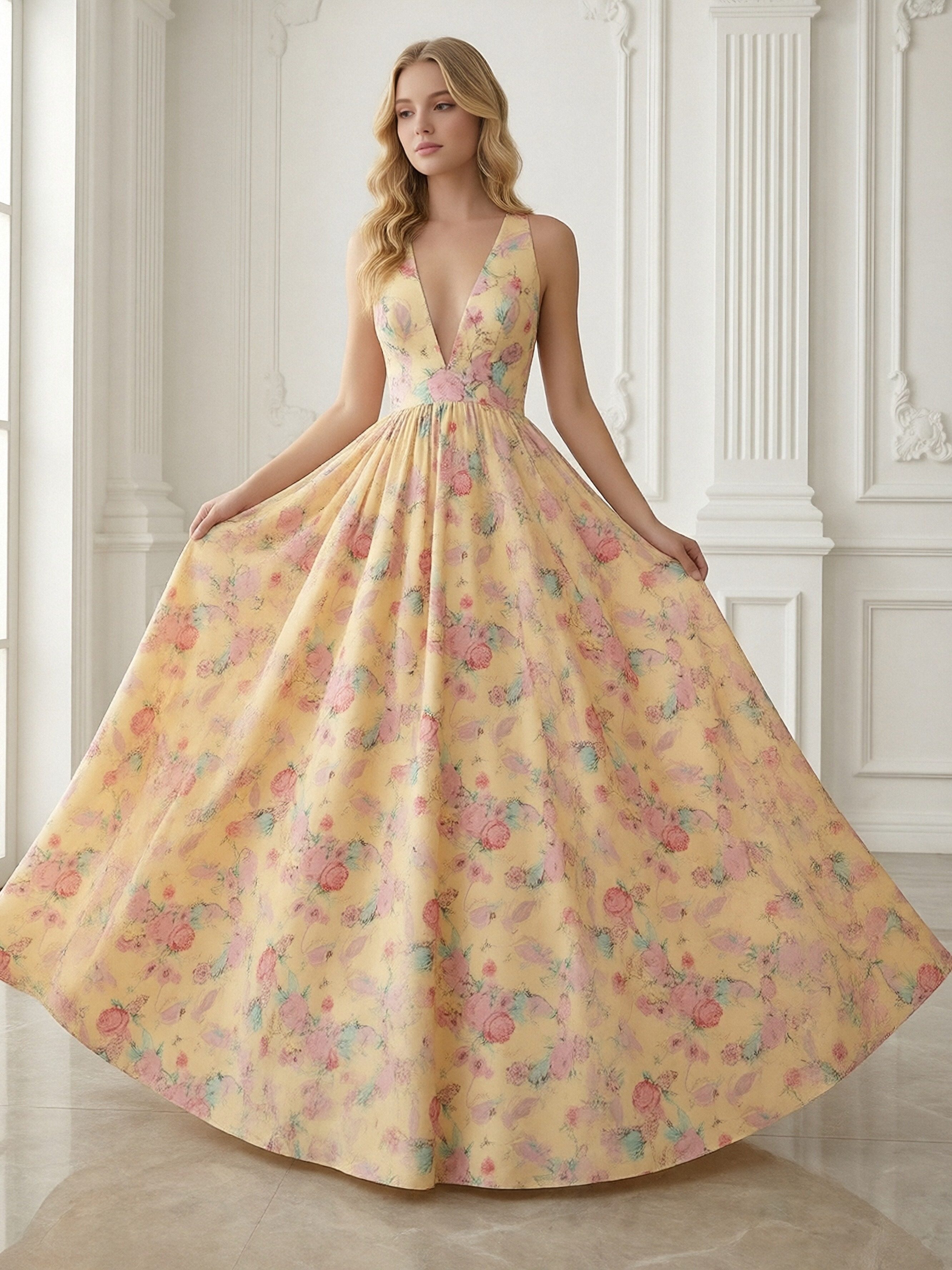 V Neck Pleated Floral Print Sleeveless A Line Prom Dresses