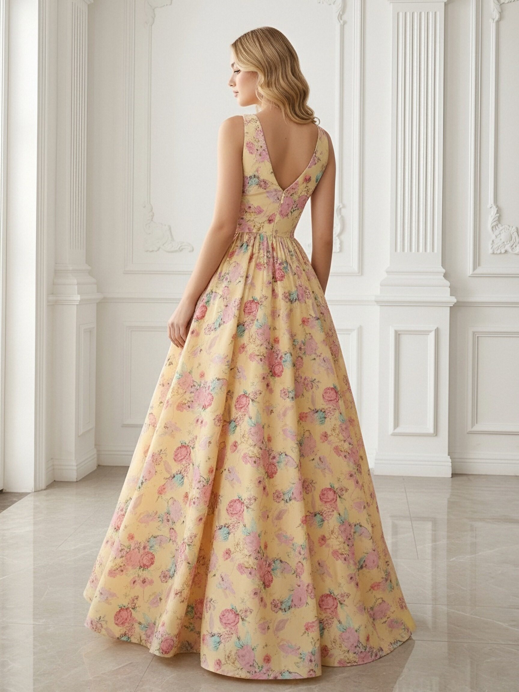 V Neck Pleated Floral Print Sleeveless A Line Prom Dresses