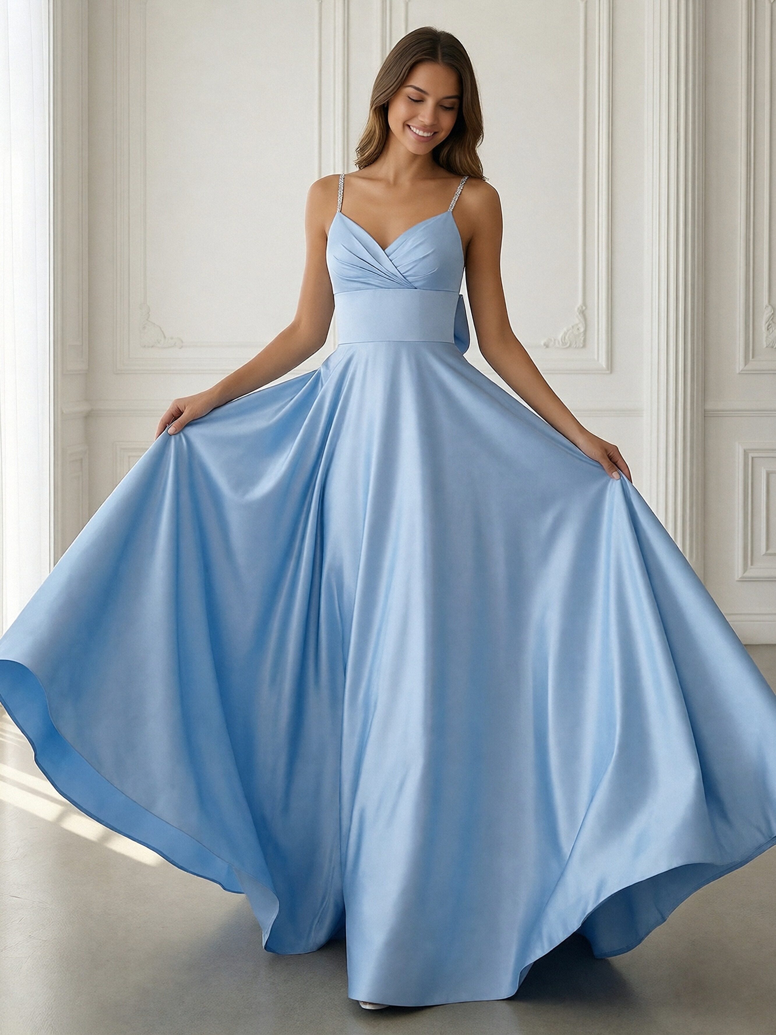 Spaghetti Straps V Neck Satin Corset A Line Prom Dresses with Bow