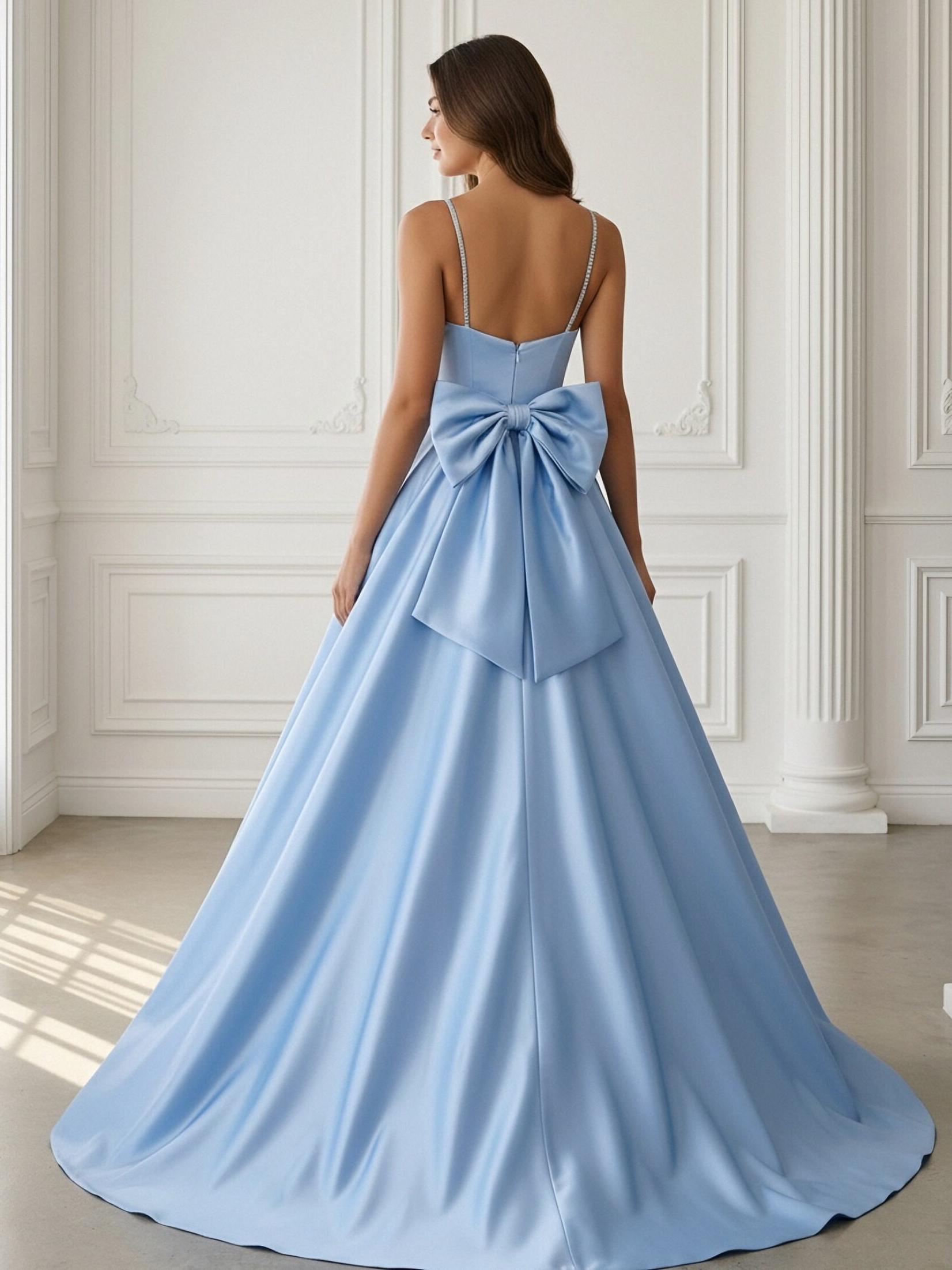 Spaghetti Straps V Neck Satin Corset A Line Prom Dresses with Bow