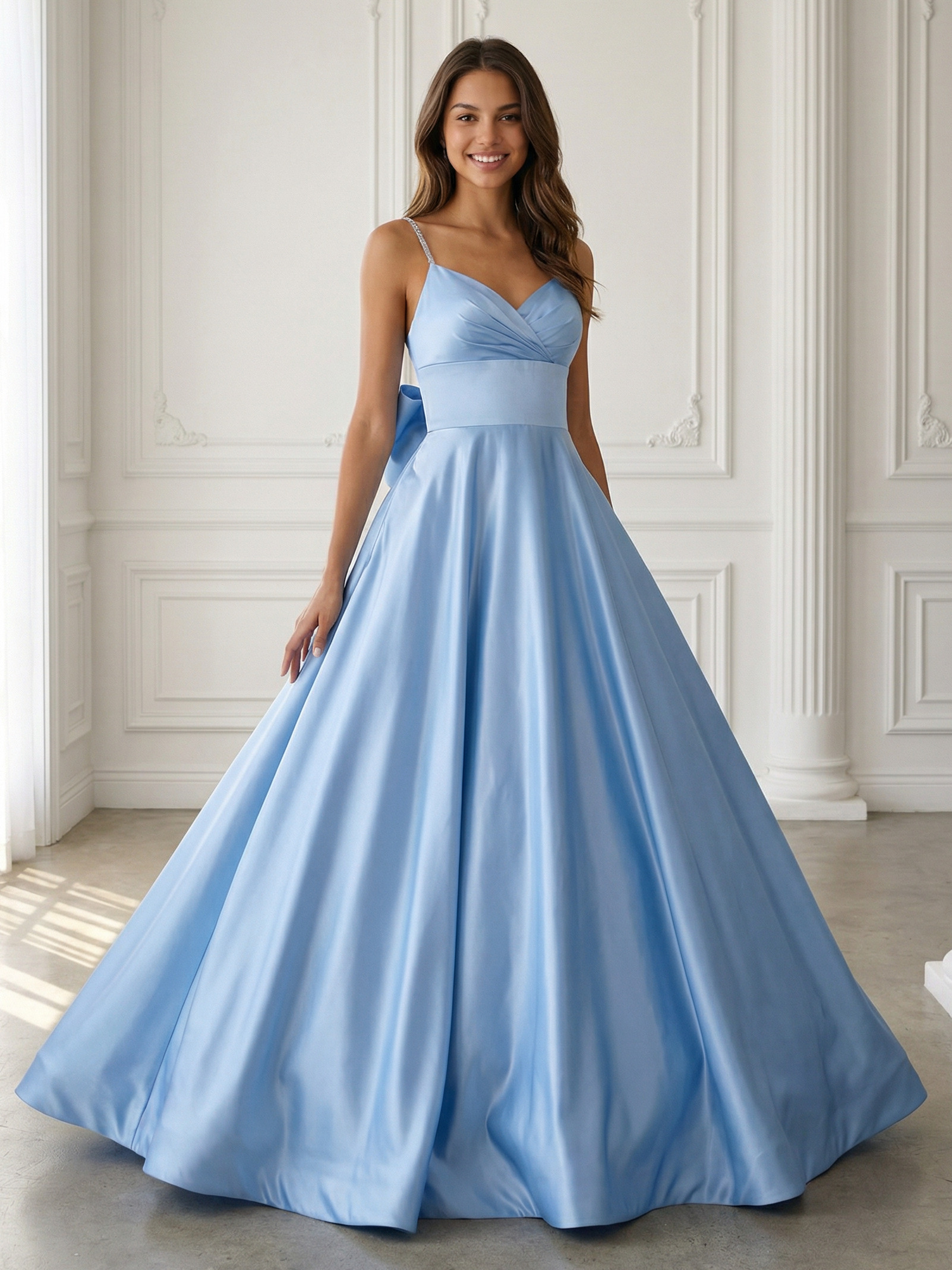 Spaghetti Straps V Neck Satin Corset A Line Prom Dresses with Bow