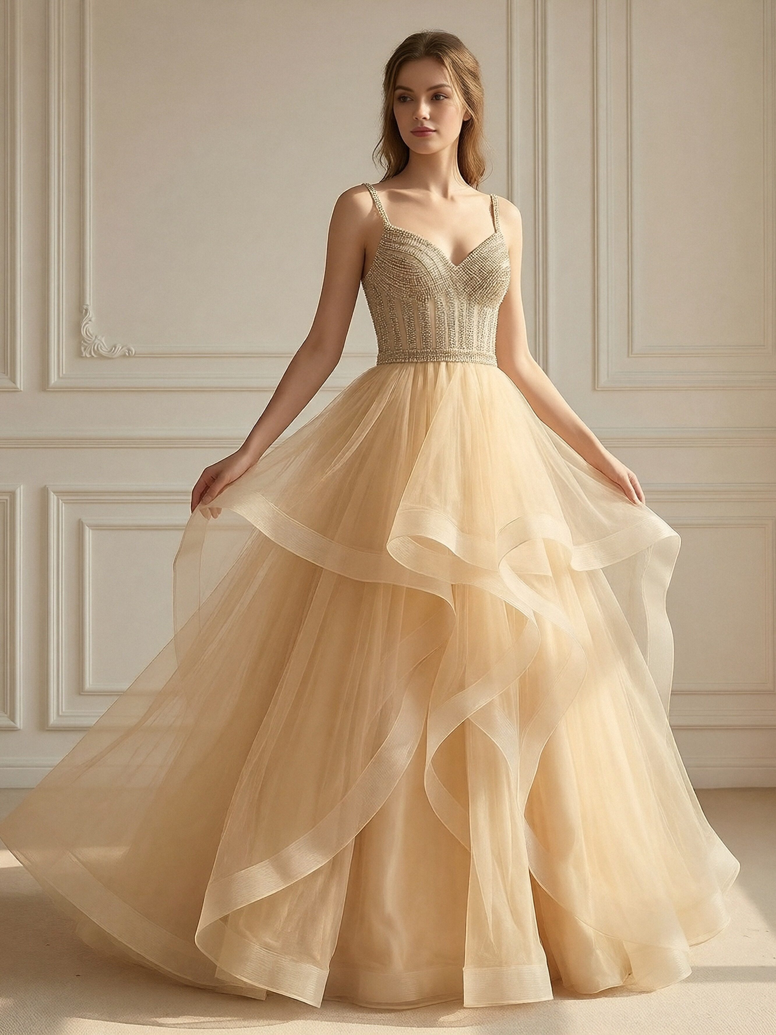 Spaghetti Straps Ruffles Lace Appliques Sweetheart Tulle Corset A Line Prom Dresses