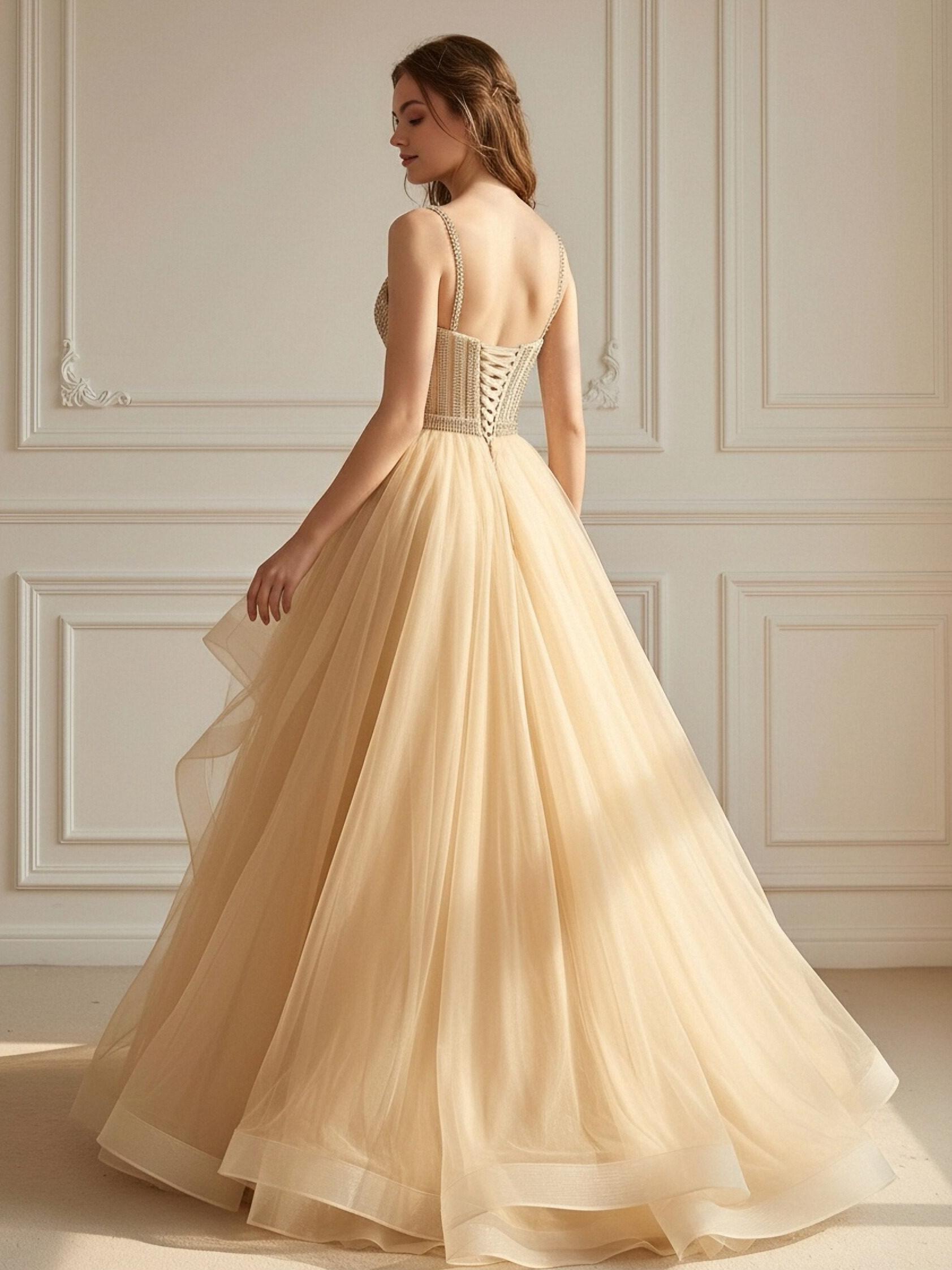 Spaghetti Straps Ruffles Lace Appliques Sweetheart Tulle Corset A Line Prom Dresses