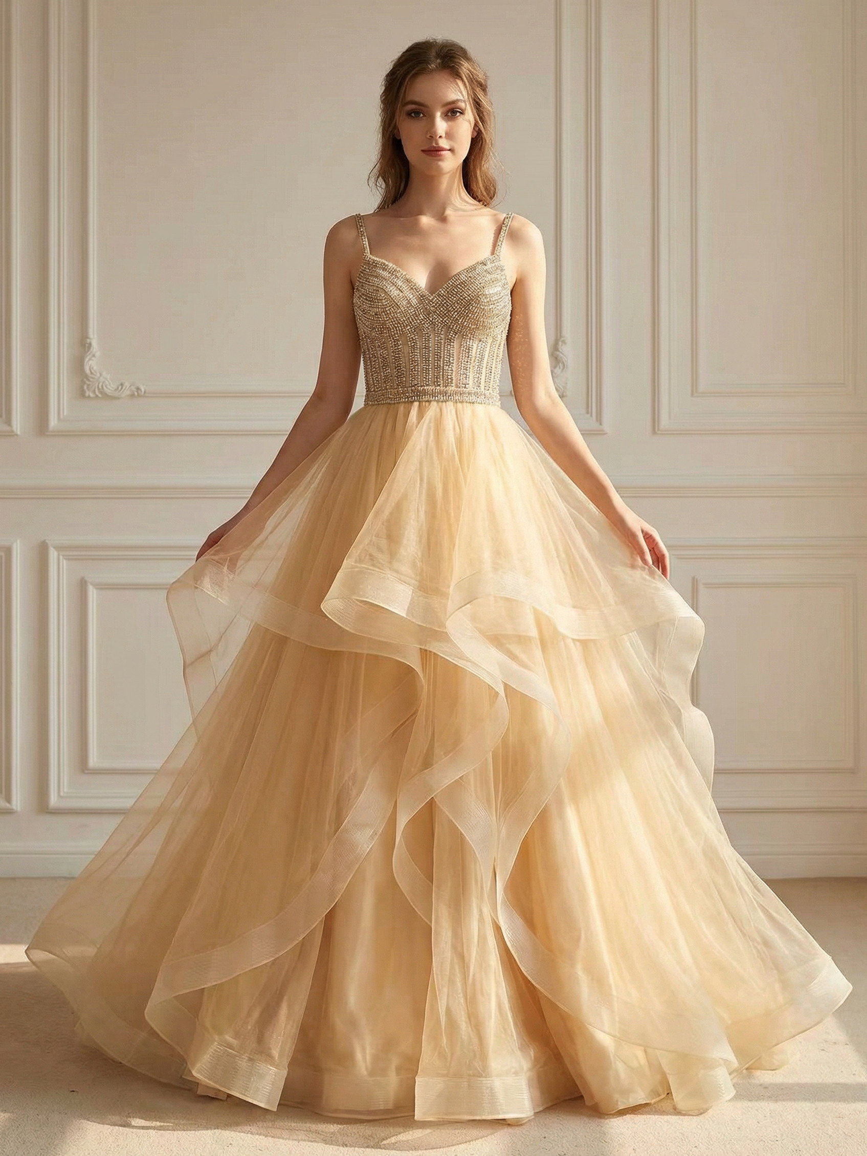 Spaghetti Straps Ruffles Lace Appliques Sweetheart Tulle Corset A Line Prom Dresses