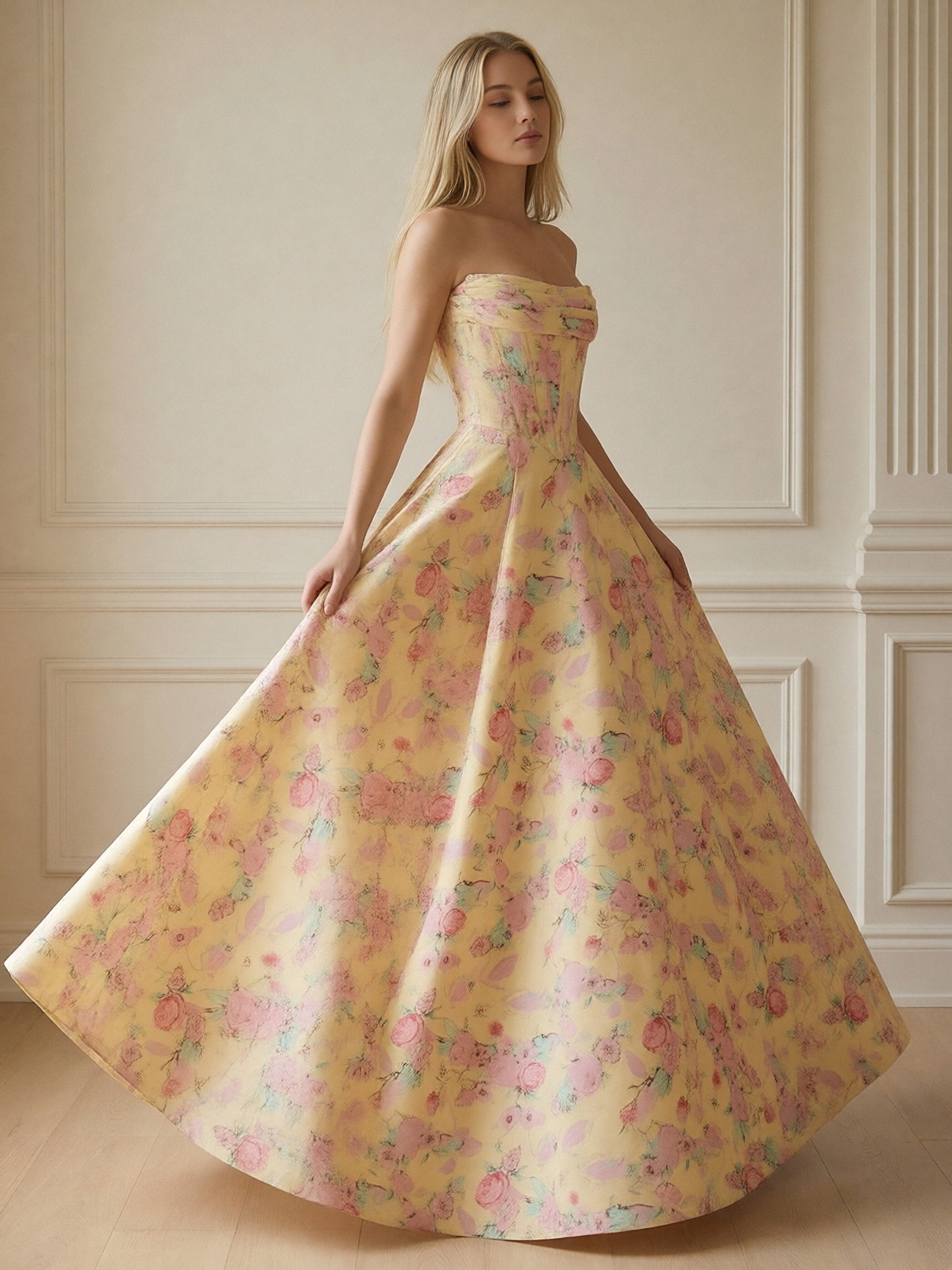 Floral Print Strapless Sleeveless Corset A Line Prom Dresses