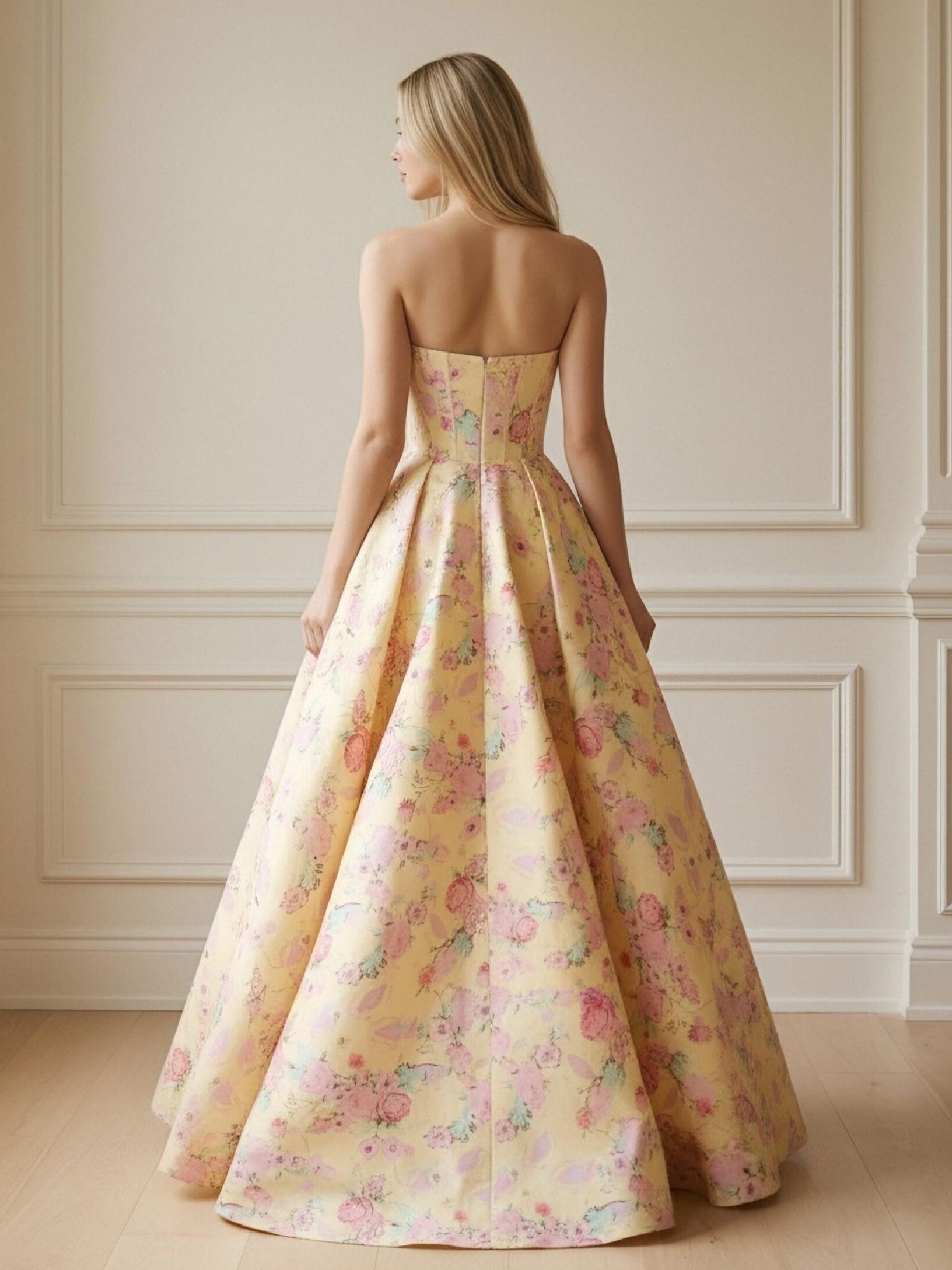 Floral Print Strapless Sleeveless Corset A Line Prom Dresses