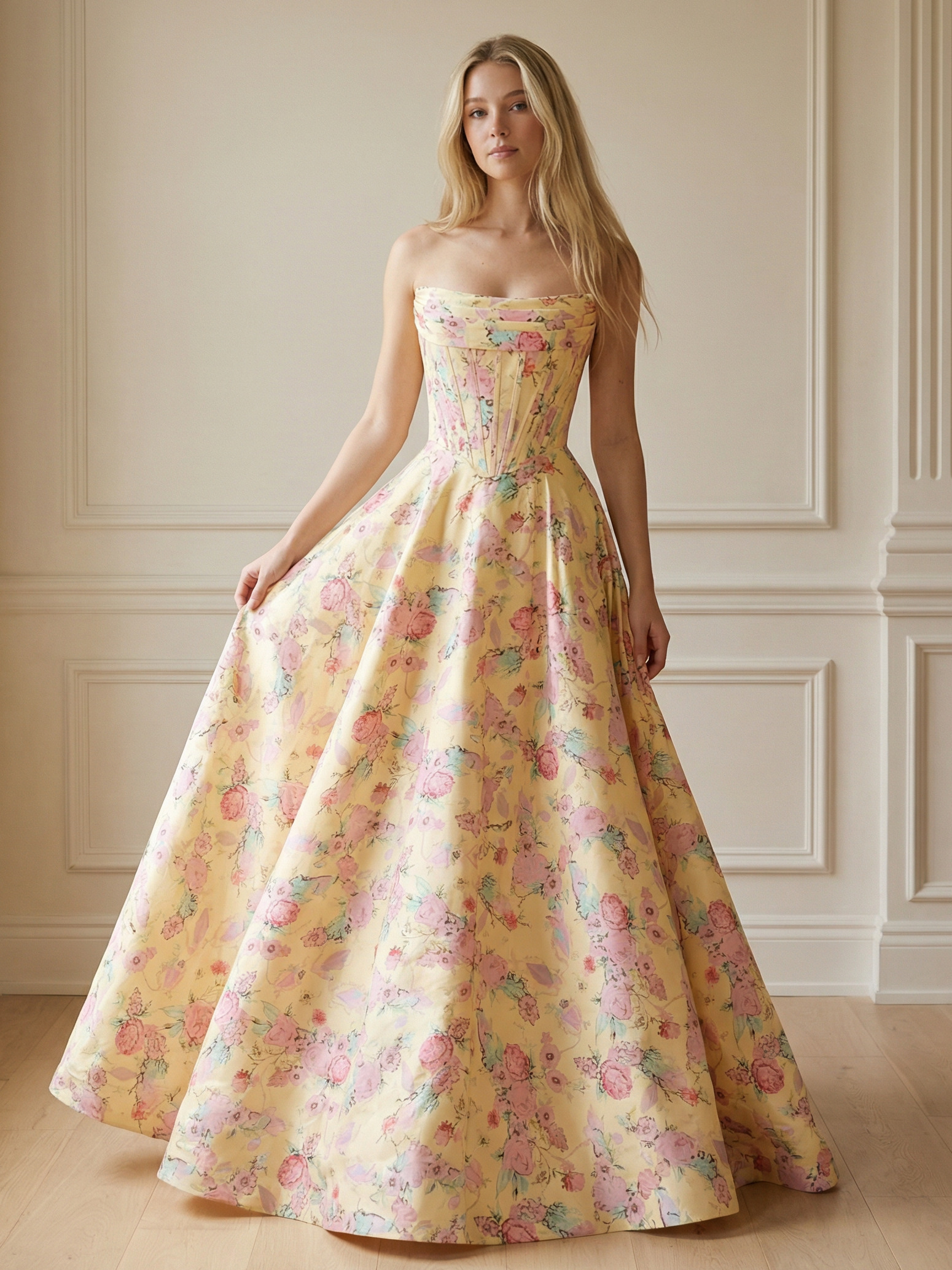 Floral Print Strapless Sleeveless Corset A Line Prom Dresses