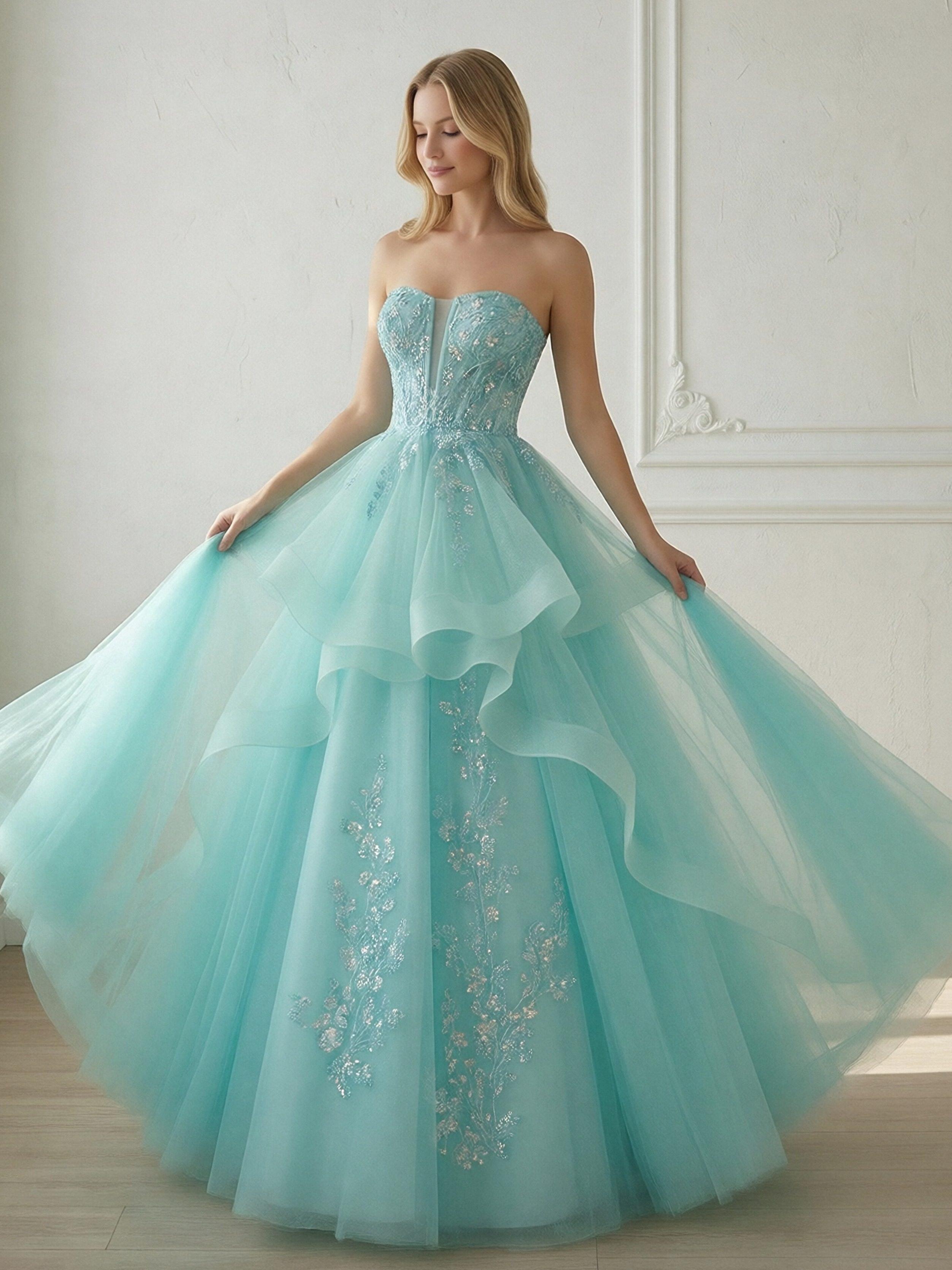 Ruffles Lace Appliques Sweetheart Tulle Corset A Line Prom Dresses