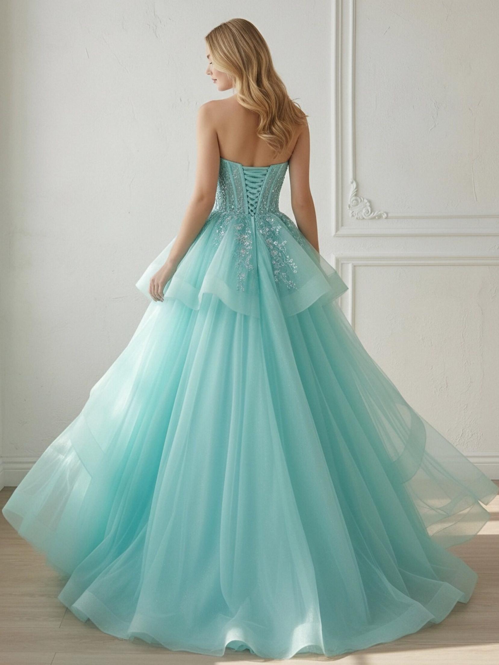 Ruffles Lace Appliques Sweetheart Tulle Corset A Line Prom Dresses