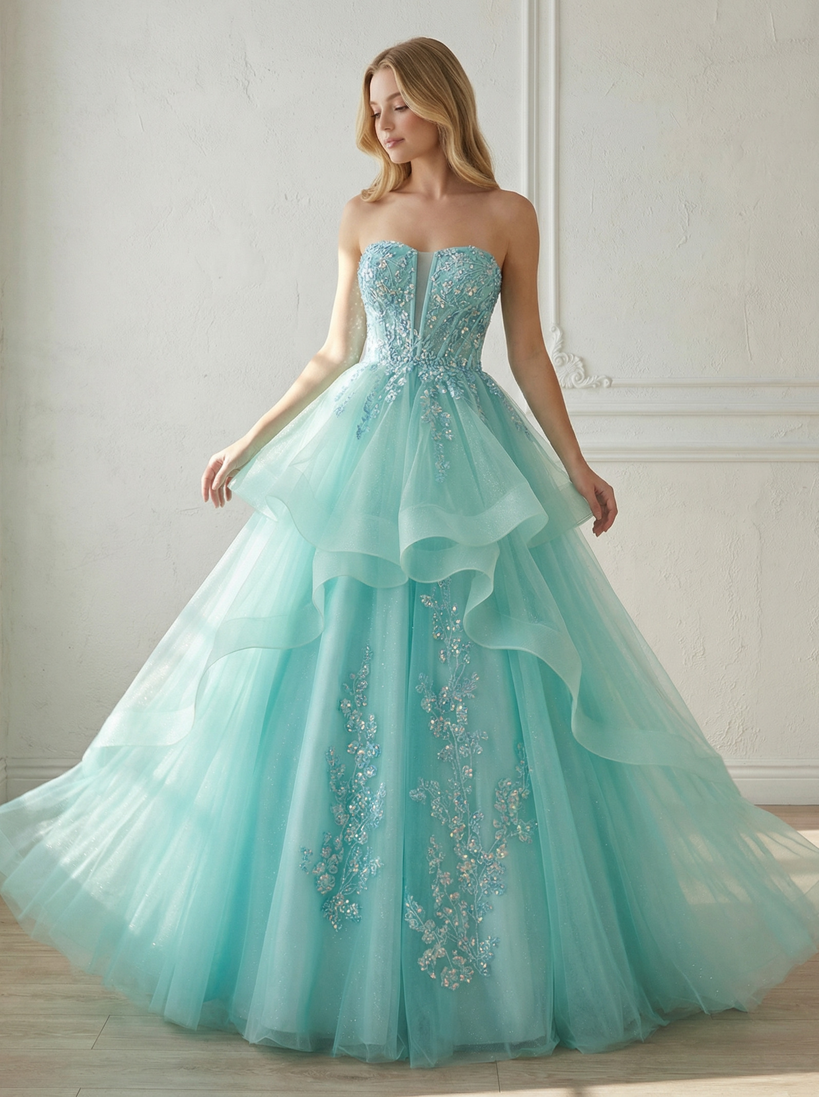 Ruffles Lace Appliques Sweetheart Tulle Corset A Line Prom Dresses