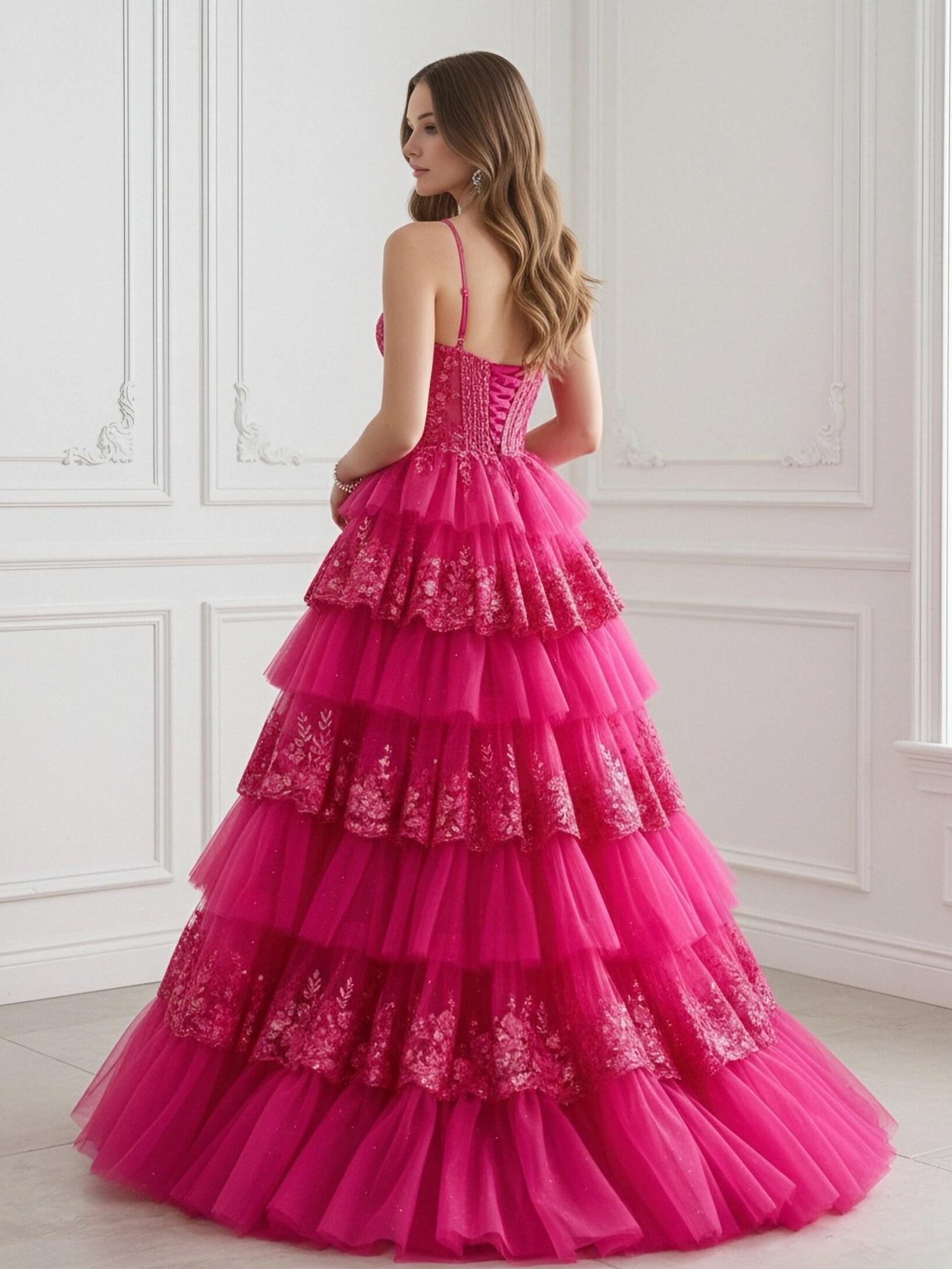 Spaghetti Straps Cut Out Lace Appliques Tiered Tulle A Line Prom Dresses with Slit
