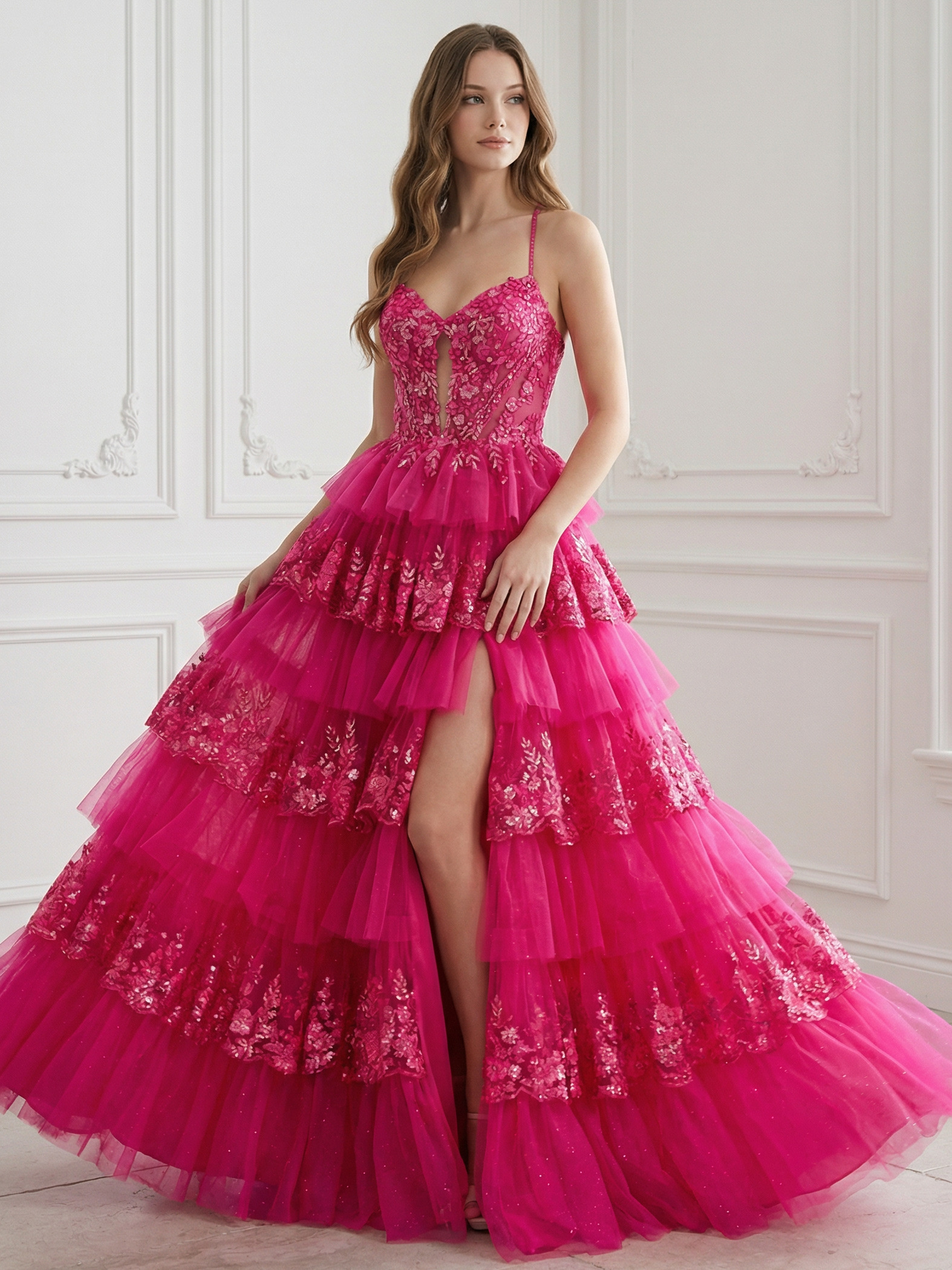 Spaghetti Straps Cut Out Lace Appliques Tiered Tulle A Line Prom Dresses with Slit
