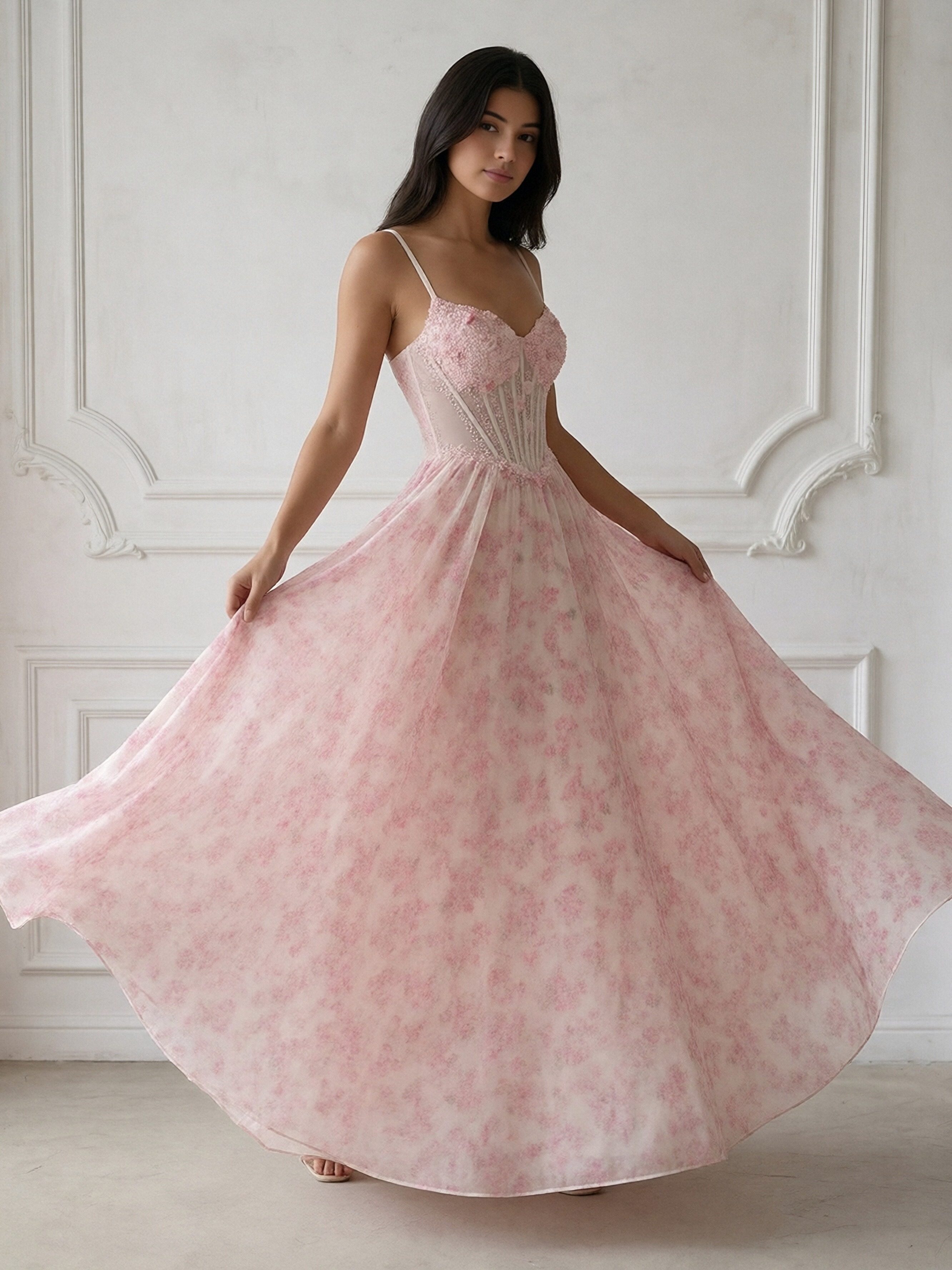 Spaghetti Straps Lace Appliques V Neck Floral Print A Line Prom Dresses