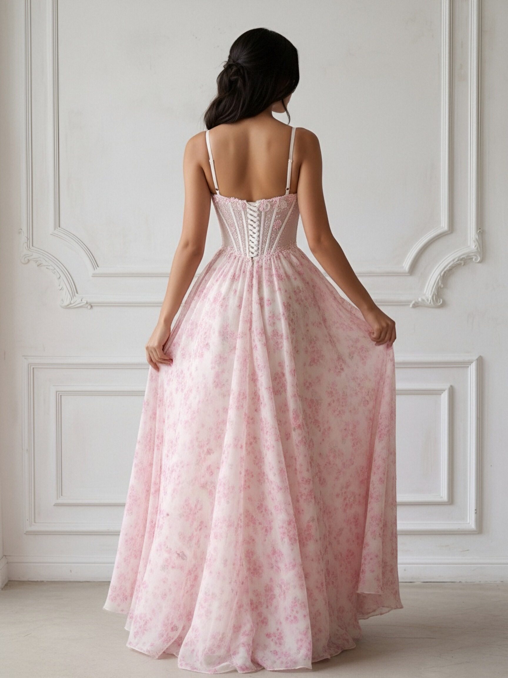 Spaghetti Straps Lace Appliques V Neck Floral Print A Line Prom Dresses