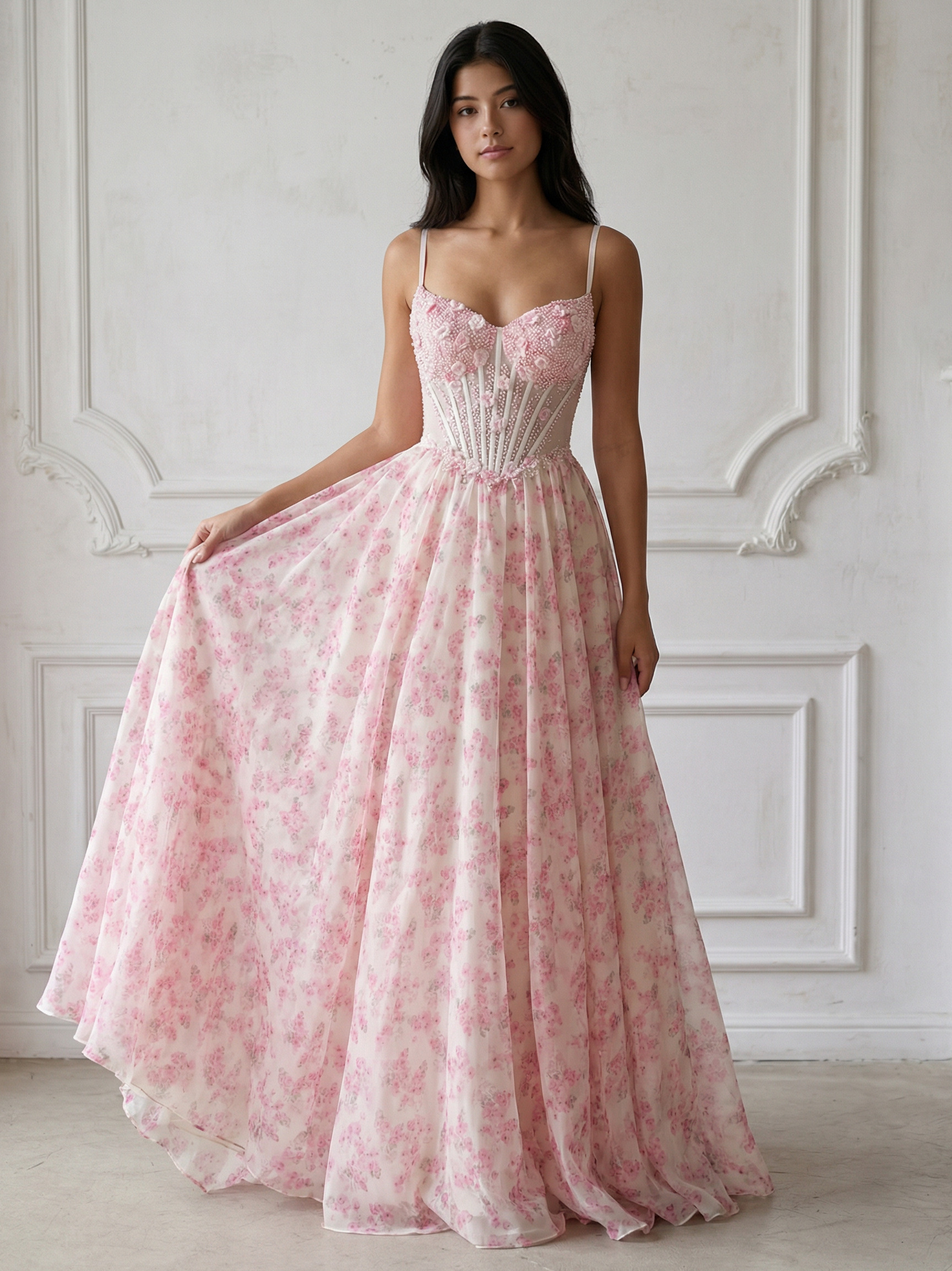 Spaghetti Straps Lace Appliques V Neck Floral Print A Line Prom Dresses