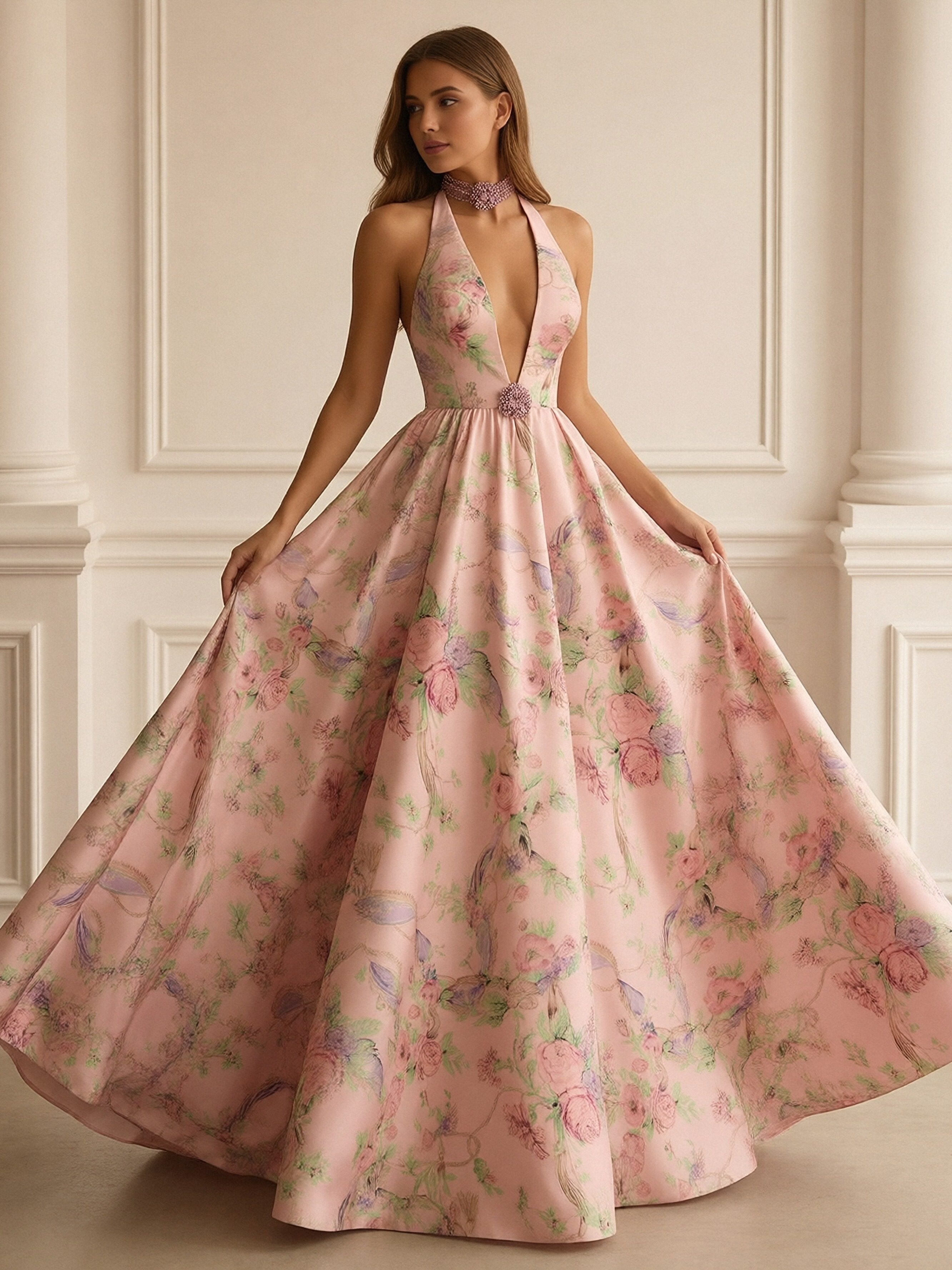 Lace Appliques V Neck Floral Print Sleeveless A Line Prom Dresses