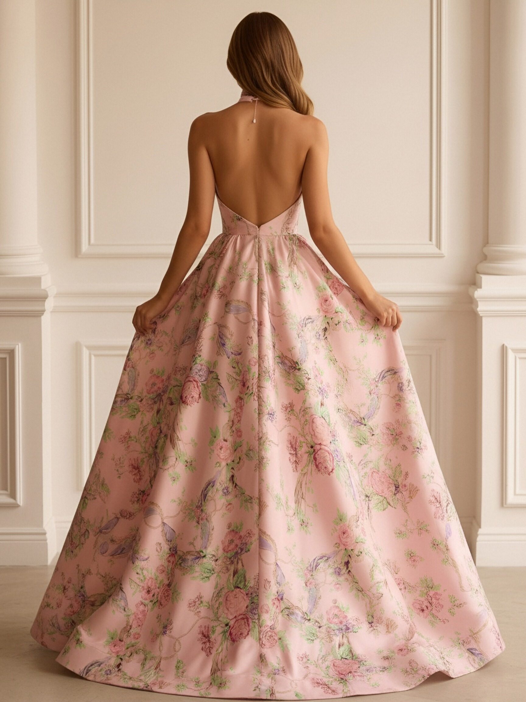 Lace Appliques V Neck Floral Print Sleeveless A Line Prom Dresses