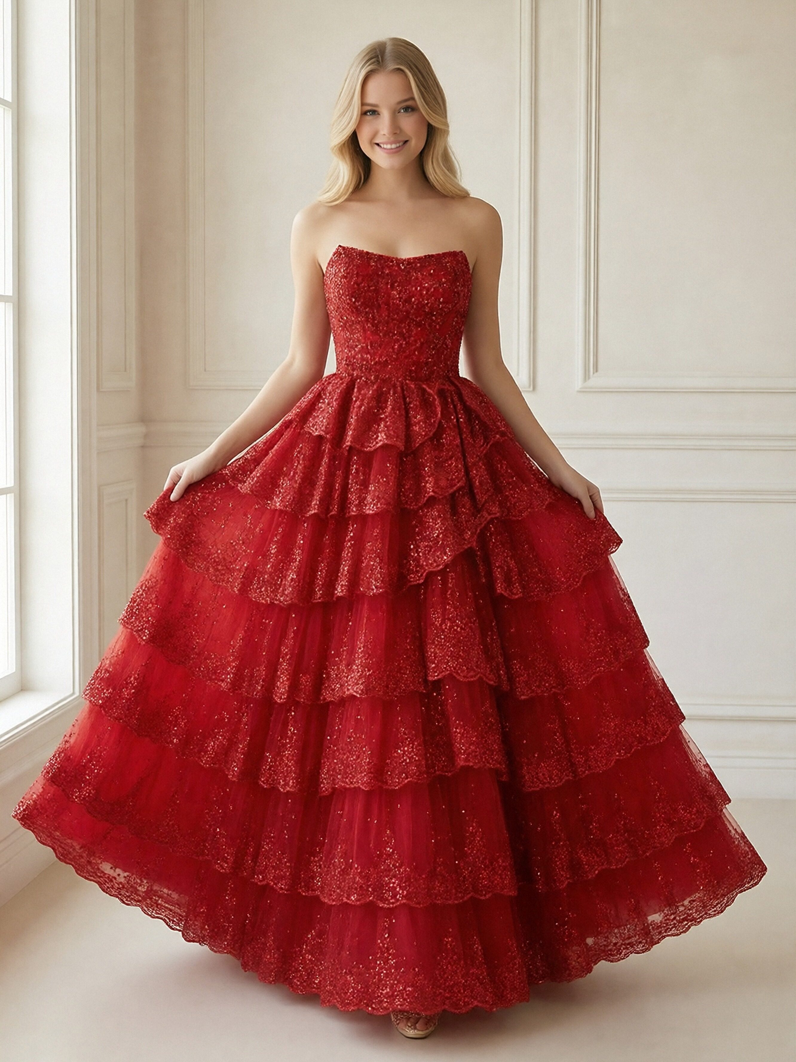 Tiered Lace Appliques Strapless Tulle Sleeveless A Line Prom Dresses